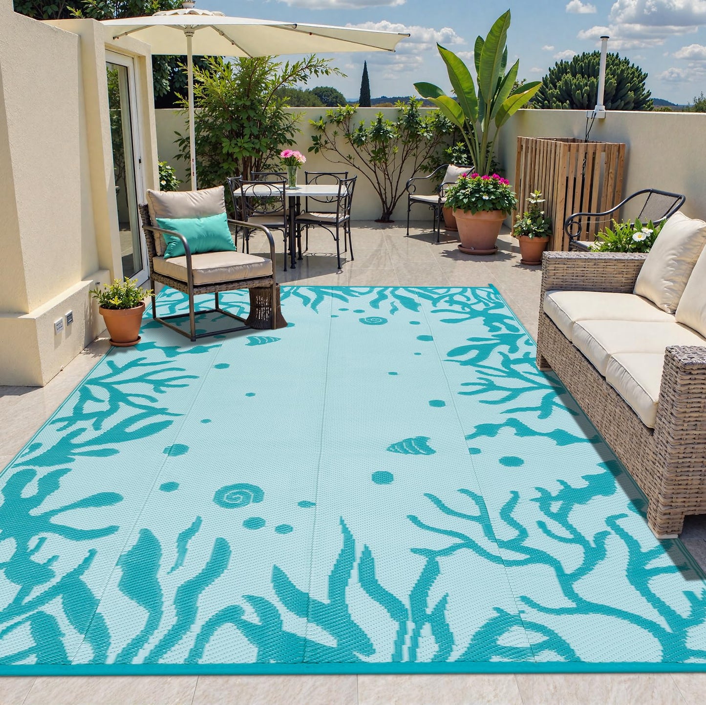 Uphome Coastal Outdoor Rug Waterproof 8x10, Reversible Ocean Beach Theme Patio Plastic Straw Rugs, RV Camping Outside Carpet Mat for Pool Back Yard Deck Picnic, 8 x 10 ft