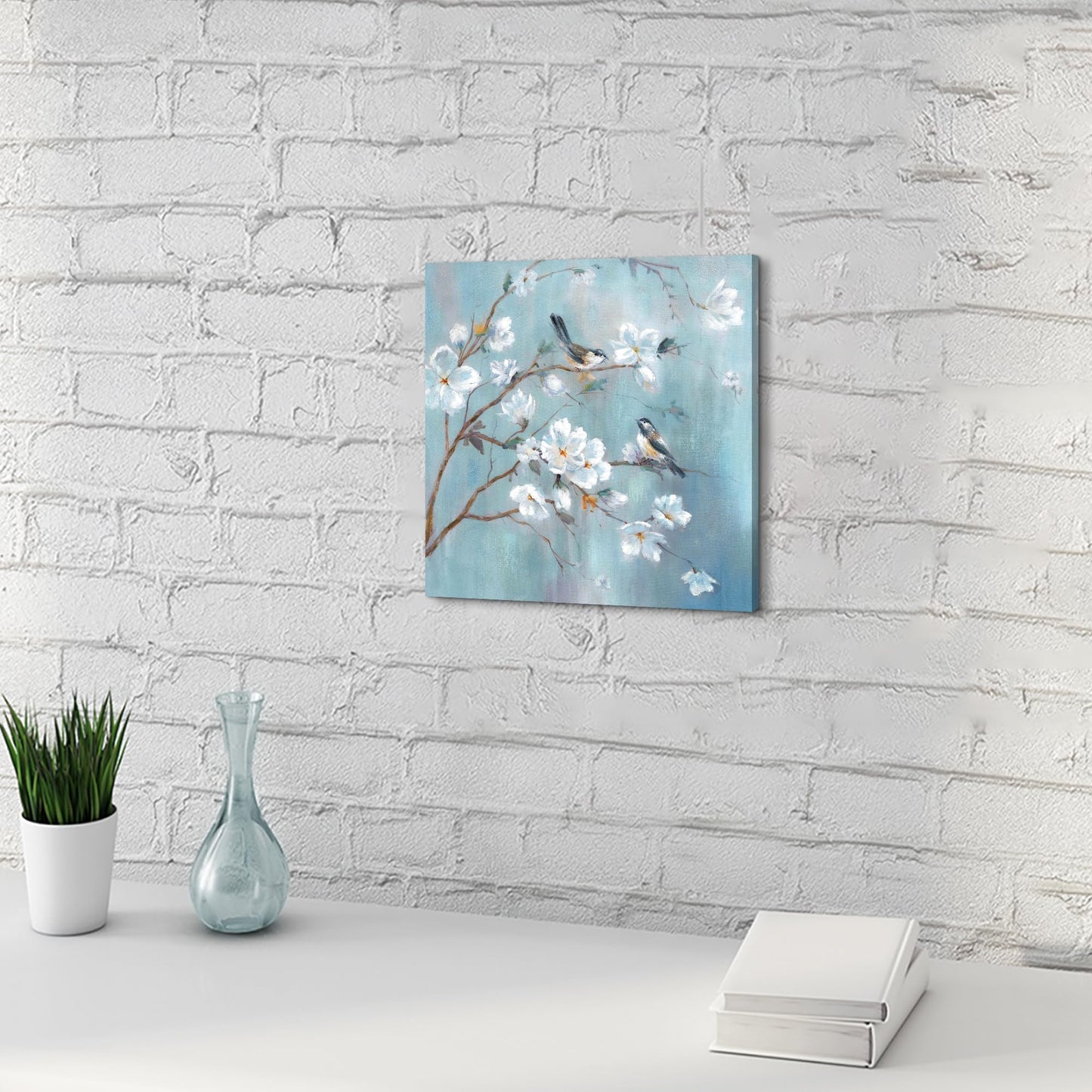 White Floral Canvas Artwork Wall: Elegant Flower Tree and Birds Wall Art Painting for Living Room (12'' x 12'' x 1 Panel)