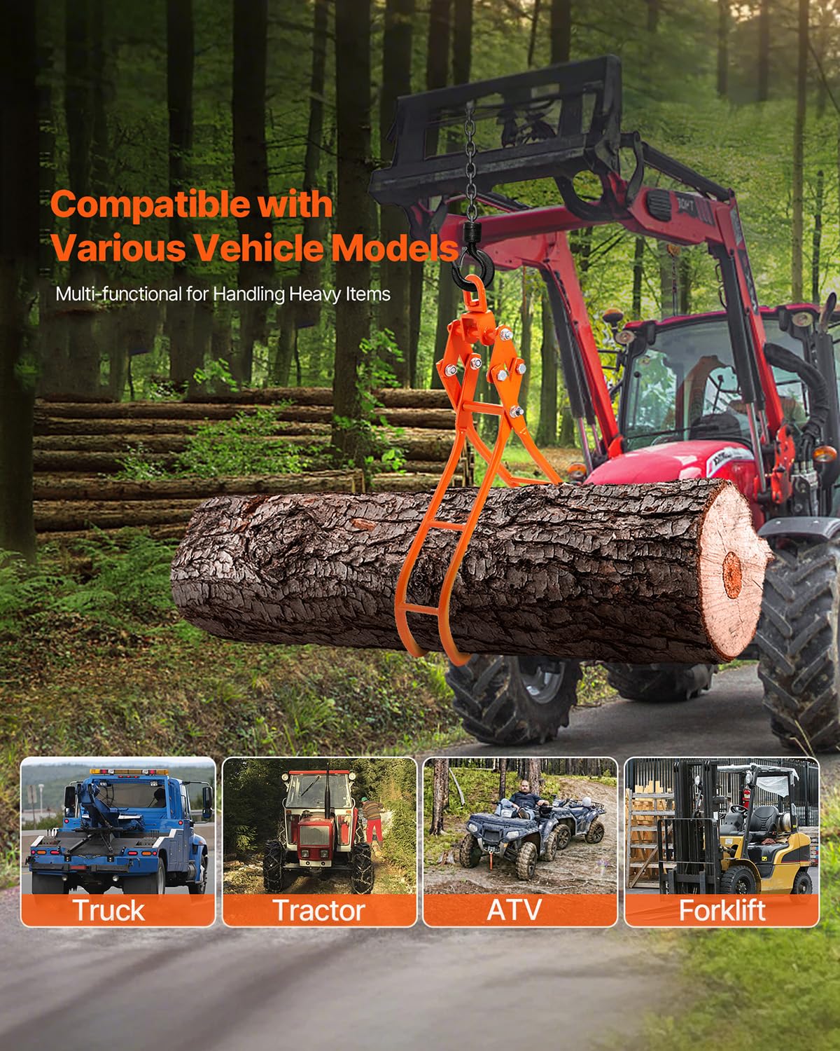 VEVOR Timber Claw Hook, 28 inch 4 Claw Log Grapple Logging Tongs, Swivel Steel Log Lifting Tongs 31" Max Opening, Eagle Claws with 2205LBS/1000kg Loading Capacity for Tractors, ATVs, Trucks, Forklifts