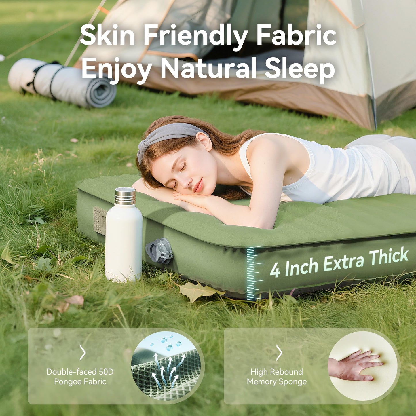 PineHike Camping Sleeping Pad, 4" Ultra-Thick Memory Foam Camping Mat with Built-in Electric Pump, 9.5 R-Value Insulated Self Inflating Air Mattress Sleeping Pads for Car Travel Tent Essentials