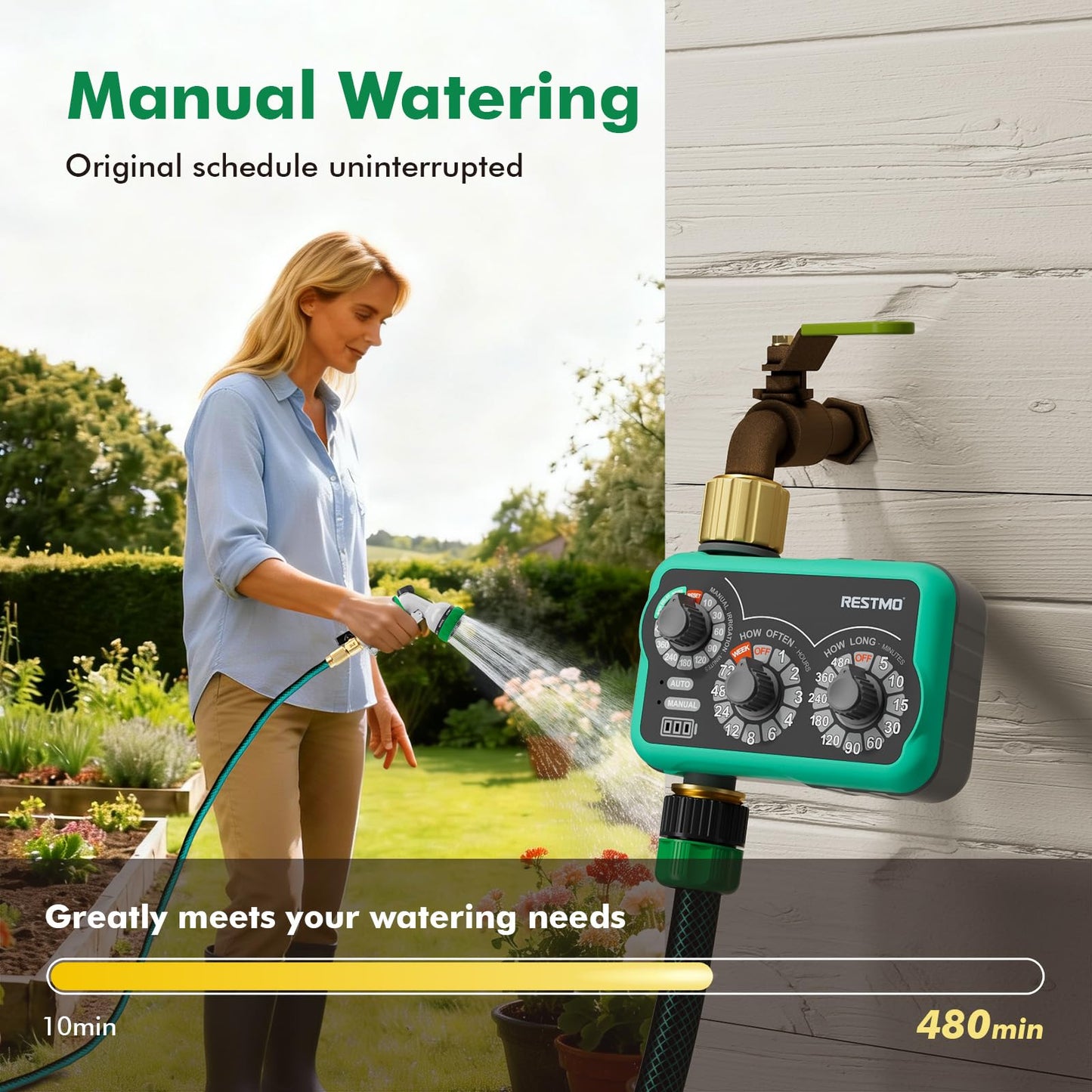 RESTMO 3-Dial Analog Sprinkler Timer with Brass Inlet & Outlet, Mechnical Water Timer for Garden Hose with Manual/Rain Delay, Automatic Drip Irrigation System, 480 Minutes Max Watering, Easy to Set Up