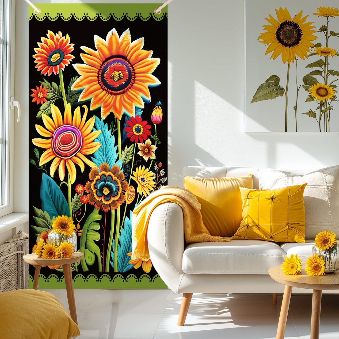 Spring Sunflower Door Banner - Black, Seasonal, Porch, Front Door Cover Background for Autumn, Fall, Outdoor, Home, Garden, Holiday