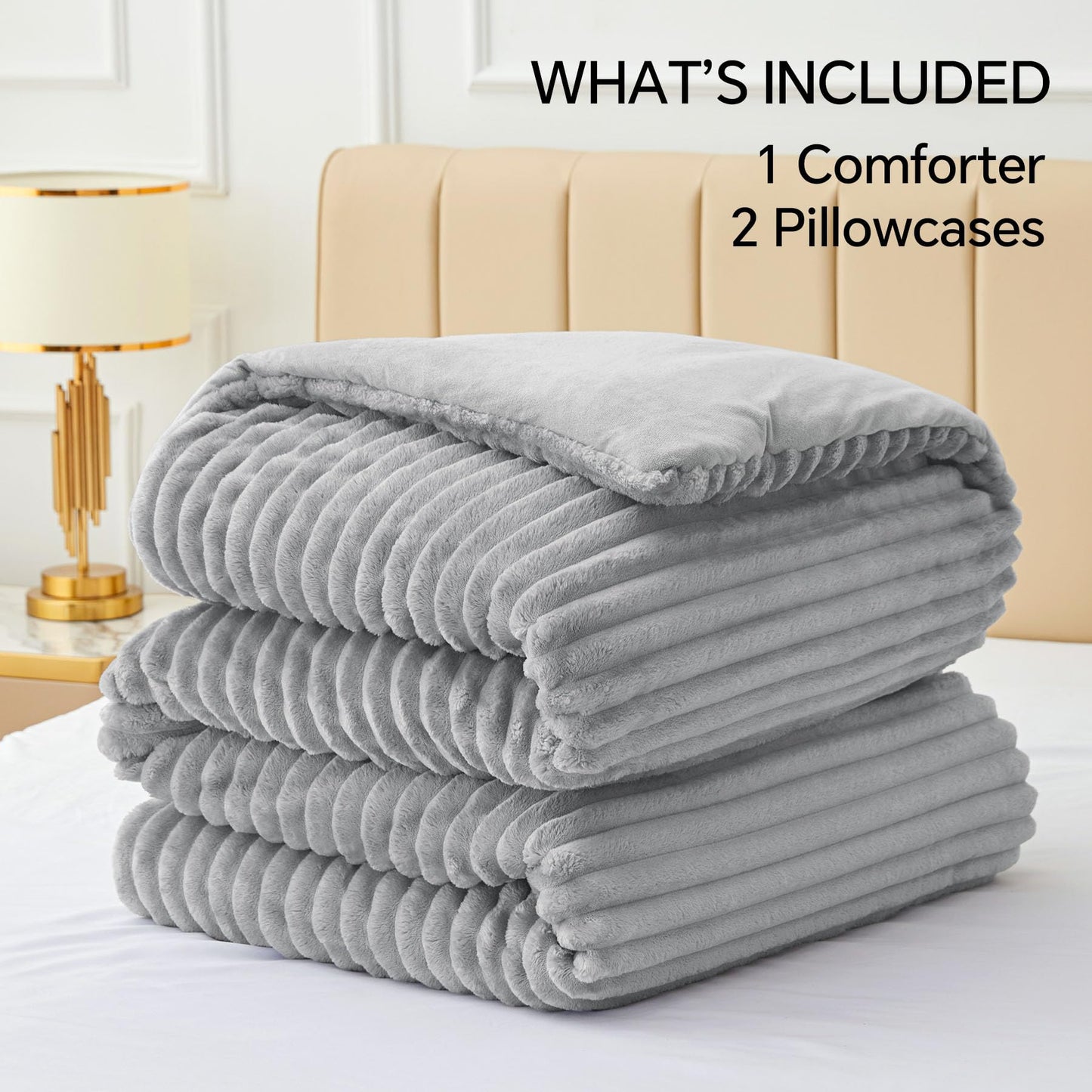 BEDELITE Fleece Queen Comforter Set -Super Soft & Warm Fluffy Light Grey Bedding, Luxury Fuzzy Heavy Bed Set for Winter with 2 Pillow Cases