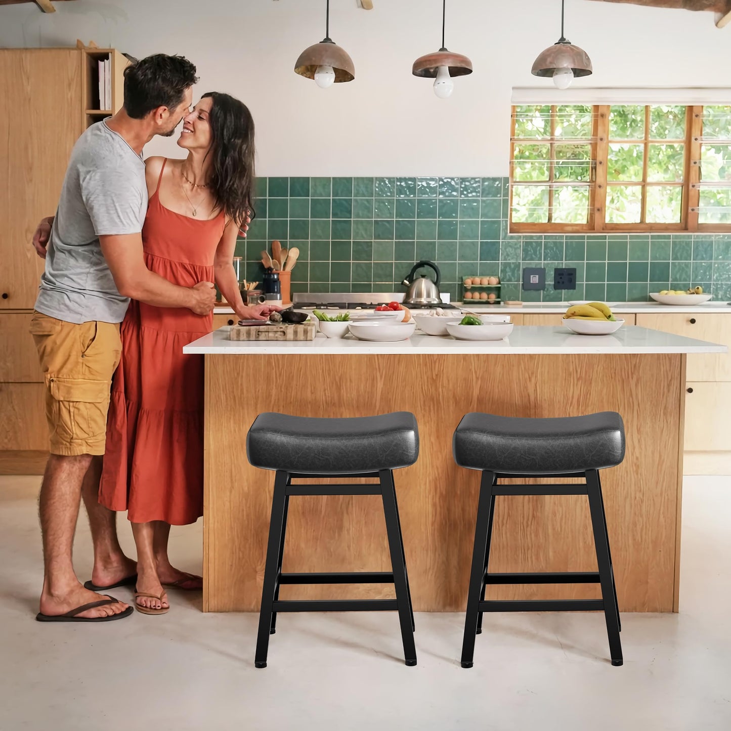 LONXIU Counter Height Bar Stools Set of 2, 24 Inch Backless BarStools for Kitchen Island Leather Saddle Bar Chairs Kitchen Stools with 4" Thick Seats & Heavy Duty Metal Base, Black