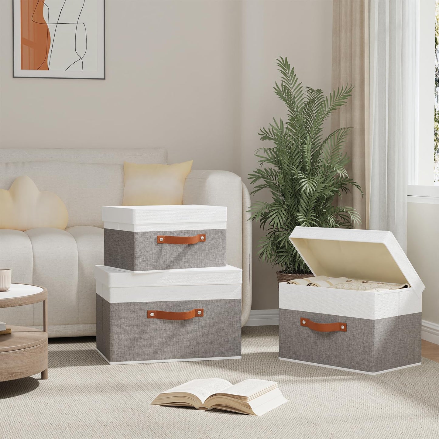 YheenLf Fabric Storage Bin, Storage Basket with Lids, Closet Organizer Box with Handles for Shoes Books Towels, White and Grey, 1 Pack, 13 x 9.1 x 7.9 Inch
