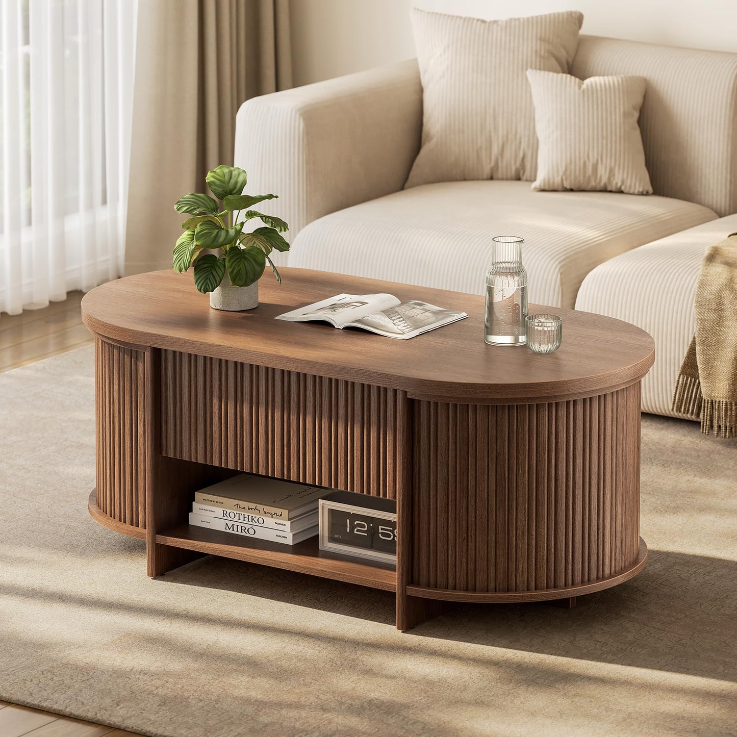 Sikaic Fluted Lift Top Coffee Table with Storage, Mid Century Modern Oval Coffee Tables with Open Shelf and Hidden Storage Compartment, Center Table for Living Room, Office, Small Space, Walnut Brown