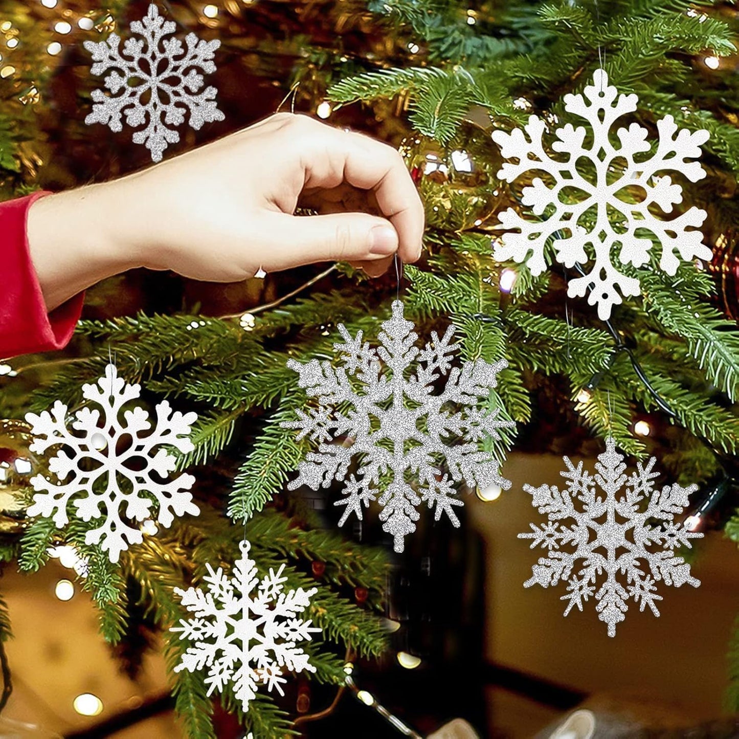 18Pcs White and Silver Christmas Snowflake Hanging Ornaments, Plastic Glitter Hanging Snow Flakes for Christmas Tree Winter Wonderland Frozen Birthday Party Holiday Home Decor Craft Snowflakes