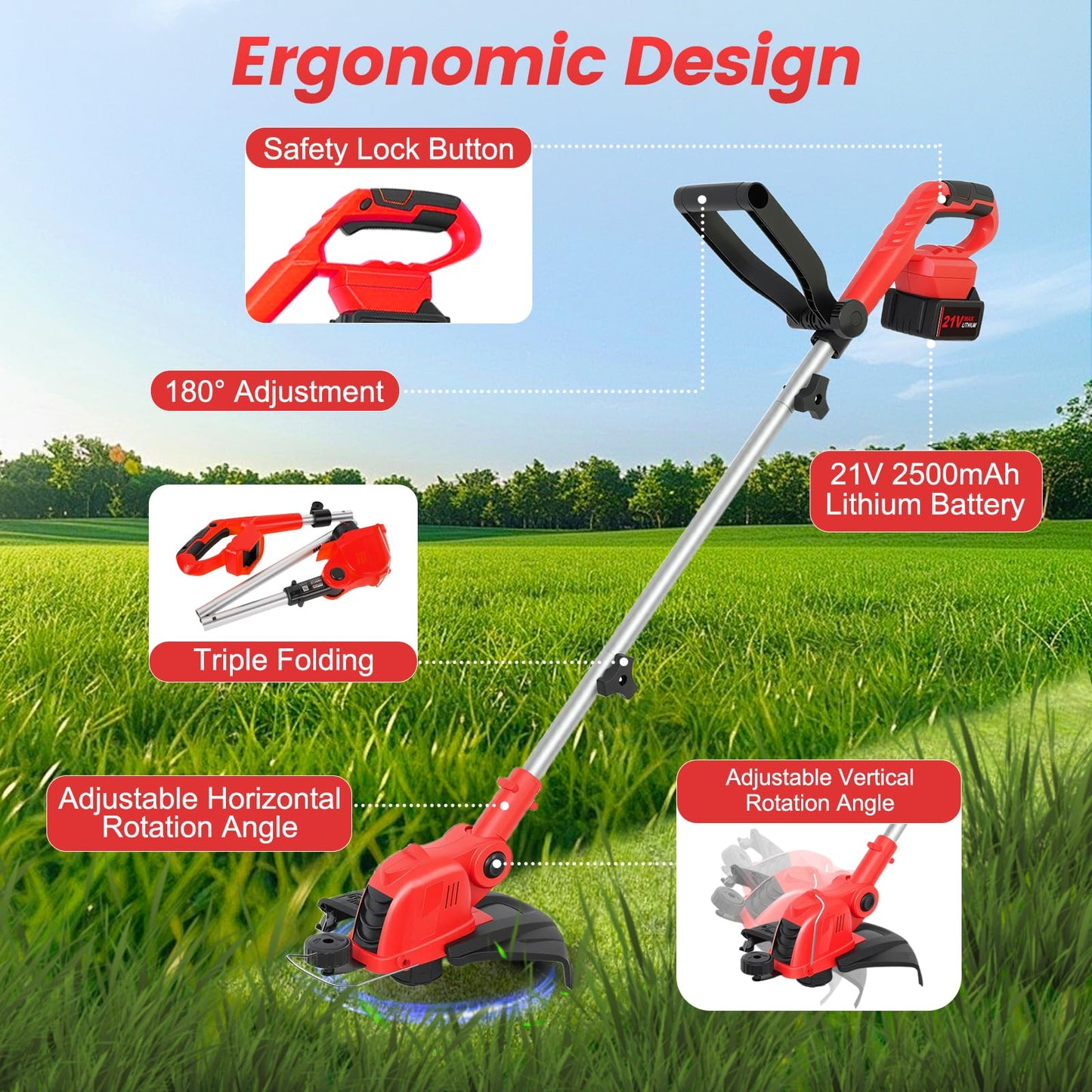 ALSO GO 21V Cordless String Trimmer, 2 * 2.5Ah Battery with Fast Charger, 12'' Weed Wacker with Auto Line Feed, 2-in-1 Weed Eater Battery Powered & Edger Lawn Tool with 10 Lines for Yard & Garden