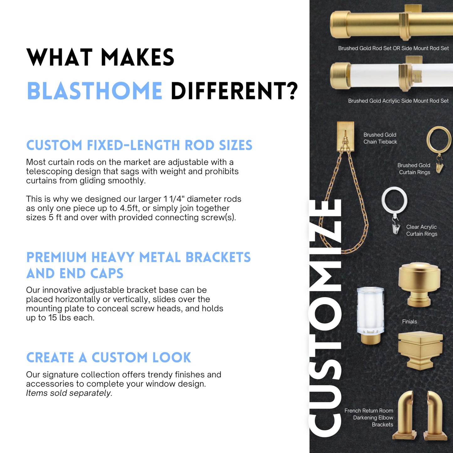 BlastHome® Luxury Curtain Rings – Premium Metal with Quiet, Smooth, Removable Nylon Inserts – Pinhooks and Clips Included – 1 1/2" Inside Diameter – 18 Rings for Two Standard Curtains – Brushed Gold