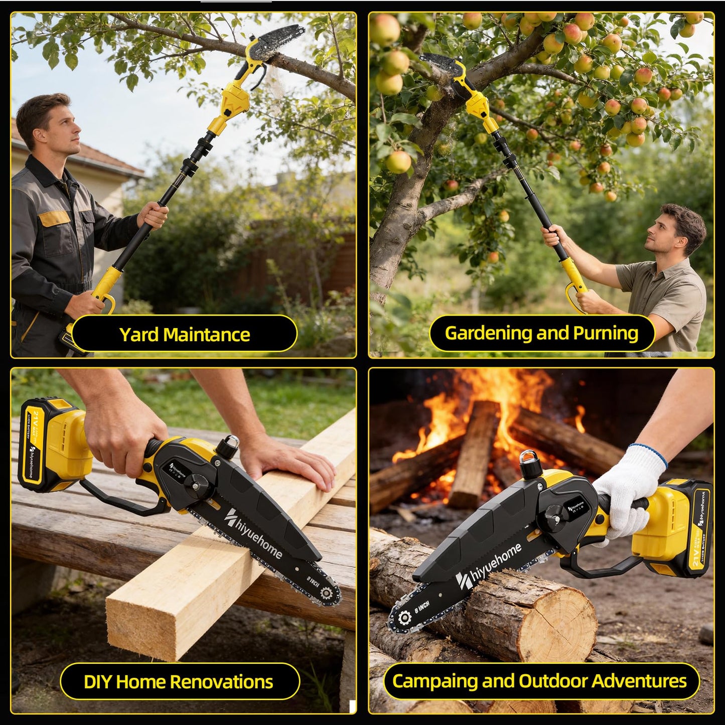 21V Cordless Pole Saw, 4-in-1 180° Rotatable Electric Tree Trimmer with 6/8 Inch Guide Bars,4000mAh Battery & Fast Charger, Telescopic Pole, Brushless Motor for Garden/Farm/Camping