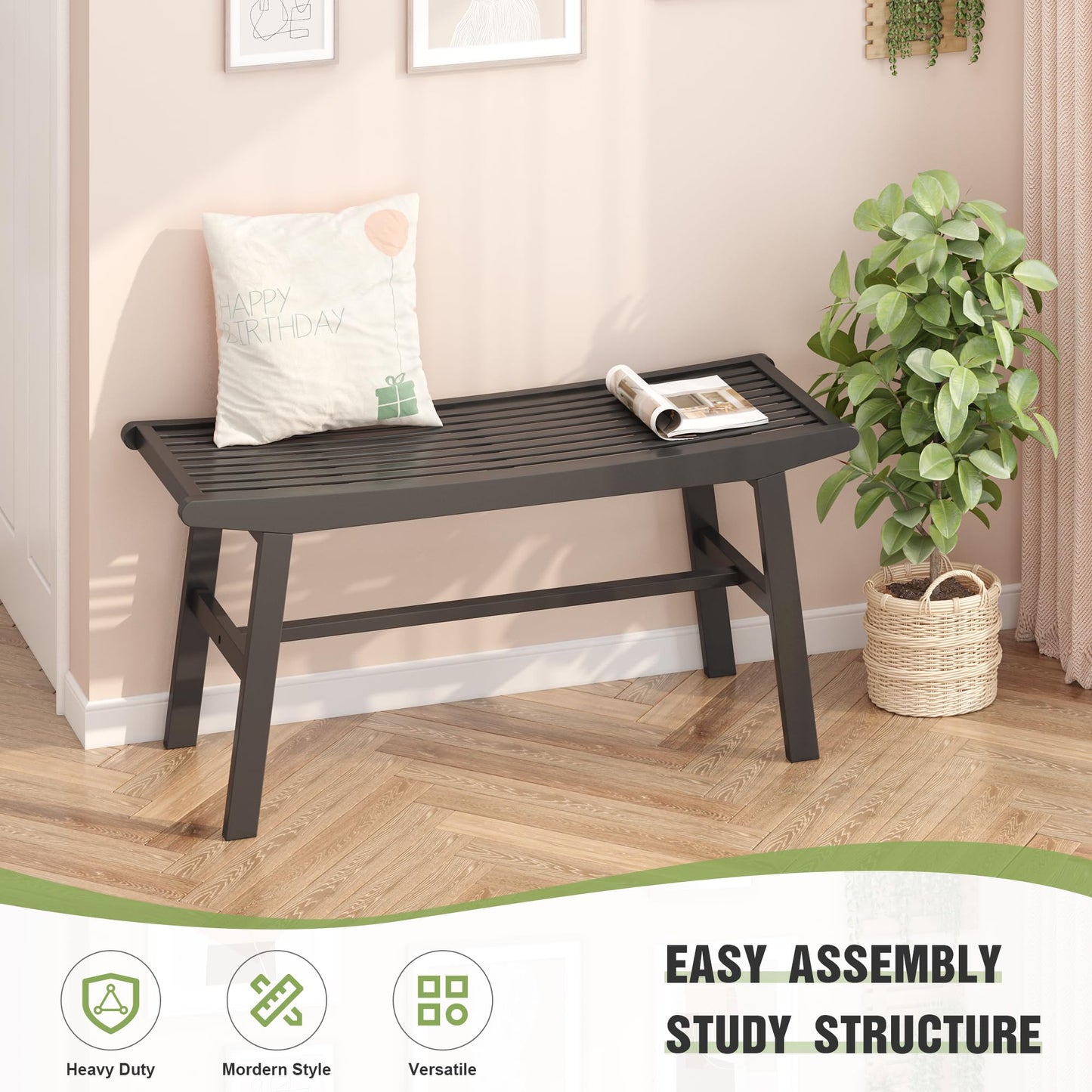 Bamboo Dining Bench Indoor Long Bench Sturdy & Comfortable Indoor Storage Bench Durable Slat Woven Design Modern Entryway Seating for Hallway (Black, 1 Tier)