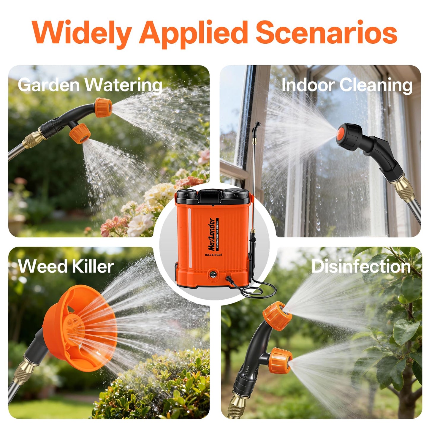 Maxlander Battery Powered Backpack Sprayer 4.2 Gallon, Electric Graden Sprayer Works with 2 x 20V 2.0Ah Battery, 90 PSI Adjustable Pressure Sprayer with 6 Spray Nozzles