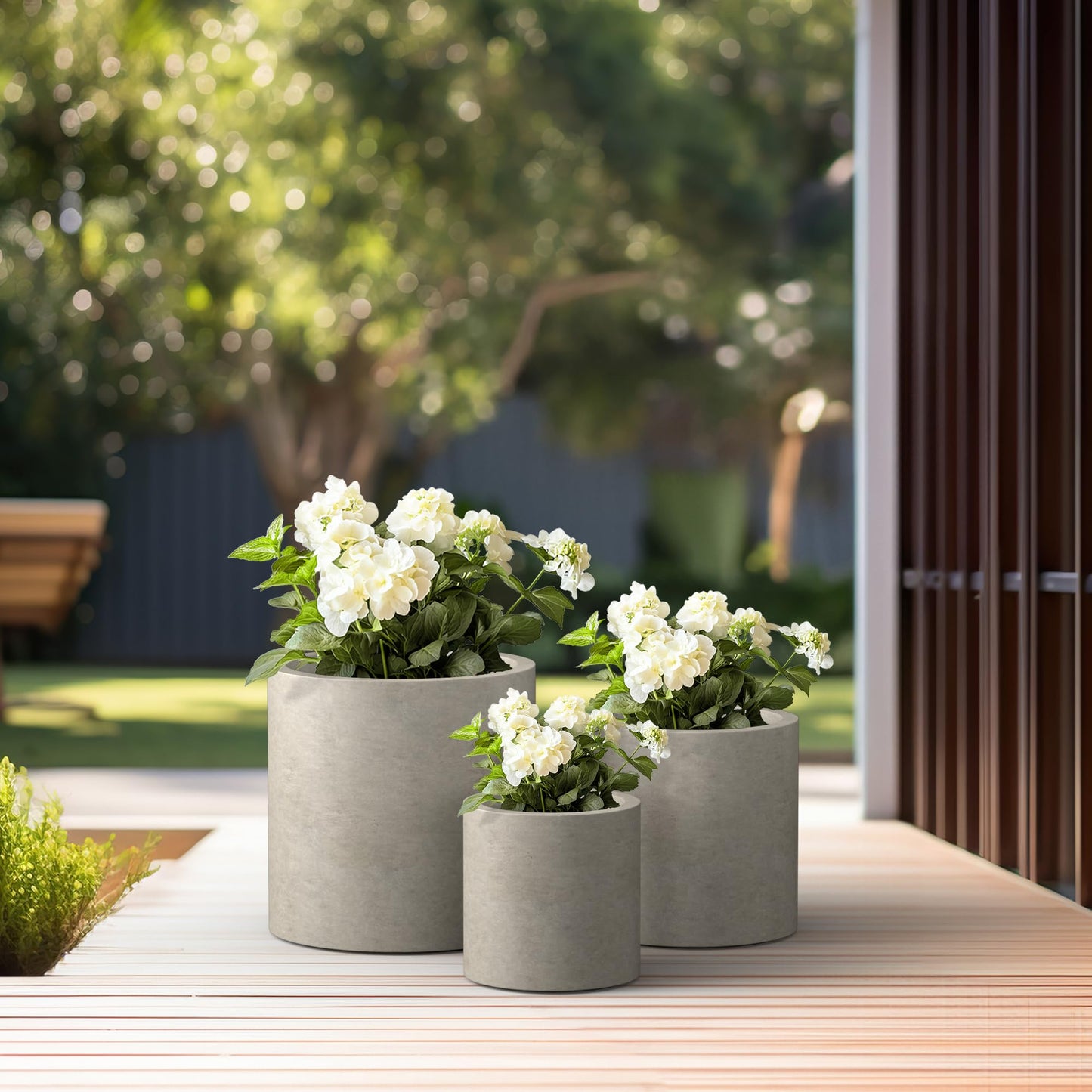 Kante 9.8",12.6",15.7" Dia Round Concrete Planter Set of 3, Modern Style Large Cylindrical Plant Pot with Drainage Hole and Rubber Plug for Indoor Outdoor Patio, Weathered Concrete