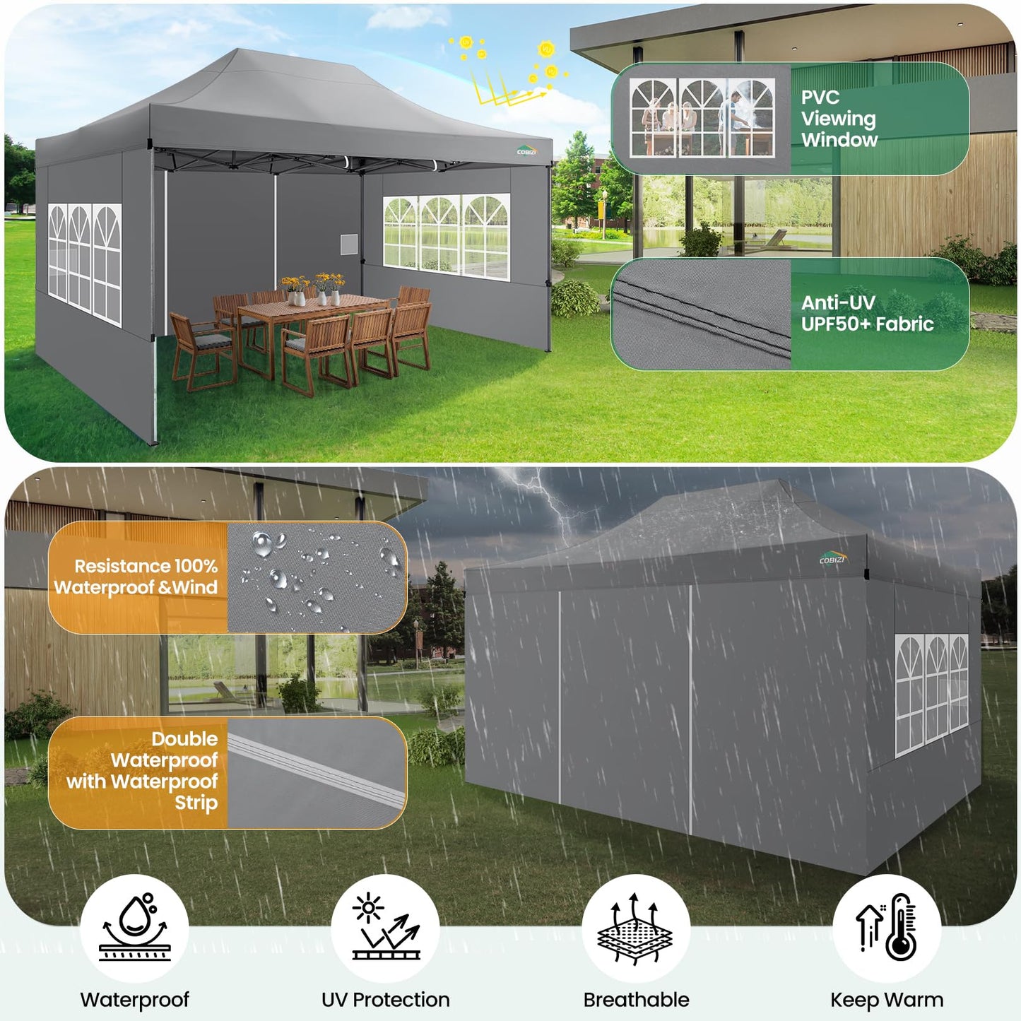 COBIZI 10x15 Heavy Duty Pop up Canopy Tent with 4 sidewalls, Commercial Outdoor Tents for Parties,Backyard Event, Wedding, All Season Waterproof Event Shelter with Carry Bag, Gray(Frame Thickened)