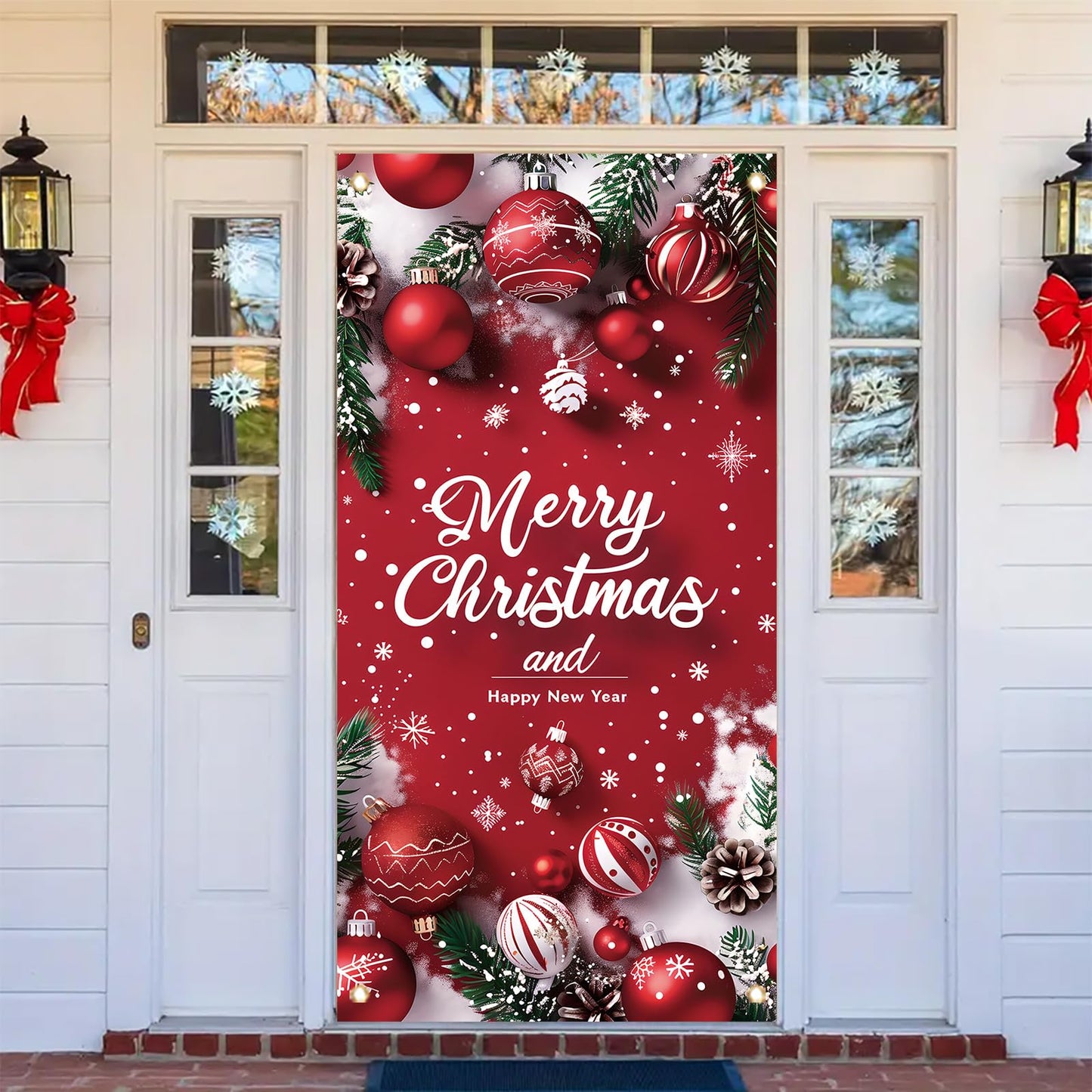 Saoplasa Merry Christmas Door Banner Happy New Year 35x71 Inch Red Christmas Front Door Cover with Snowflakes and Lettering for Xmas Winter Seasonal Holiday Party Porch Wall Hanging New Year Entryway Decoration