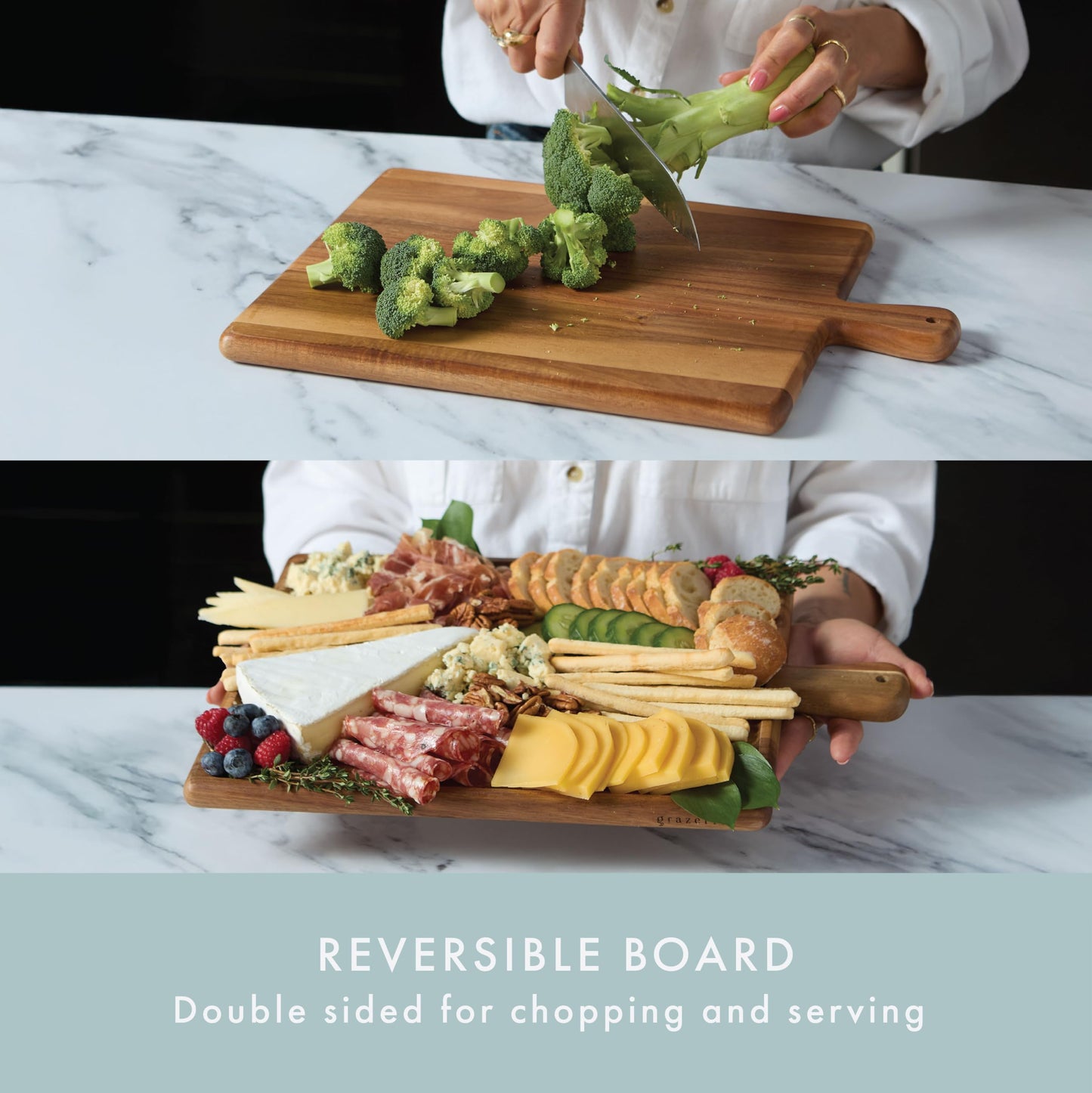 Grazerie Charcuterie Board - Acacia Wood Cutting Board for Kitchen with Handle, Cheese Board for Vegetables, Bread, Fruits, Meat - Decorative Wooden Serving Tray House Warming Gift