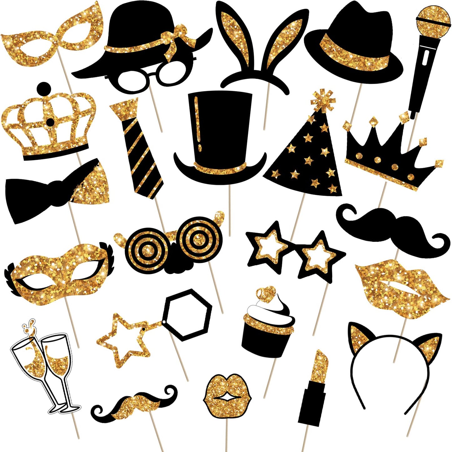 Zonon 24 Pcs Funny Photo Booth Props Class of 2026 Graduation Birthday Wedding Family Class Reunion Prom Disco Party Celebration Decoration Supplies Mix of Hats, Lipstick, Tie(Golden)