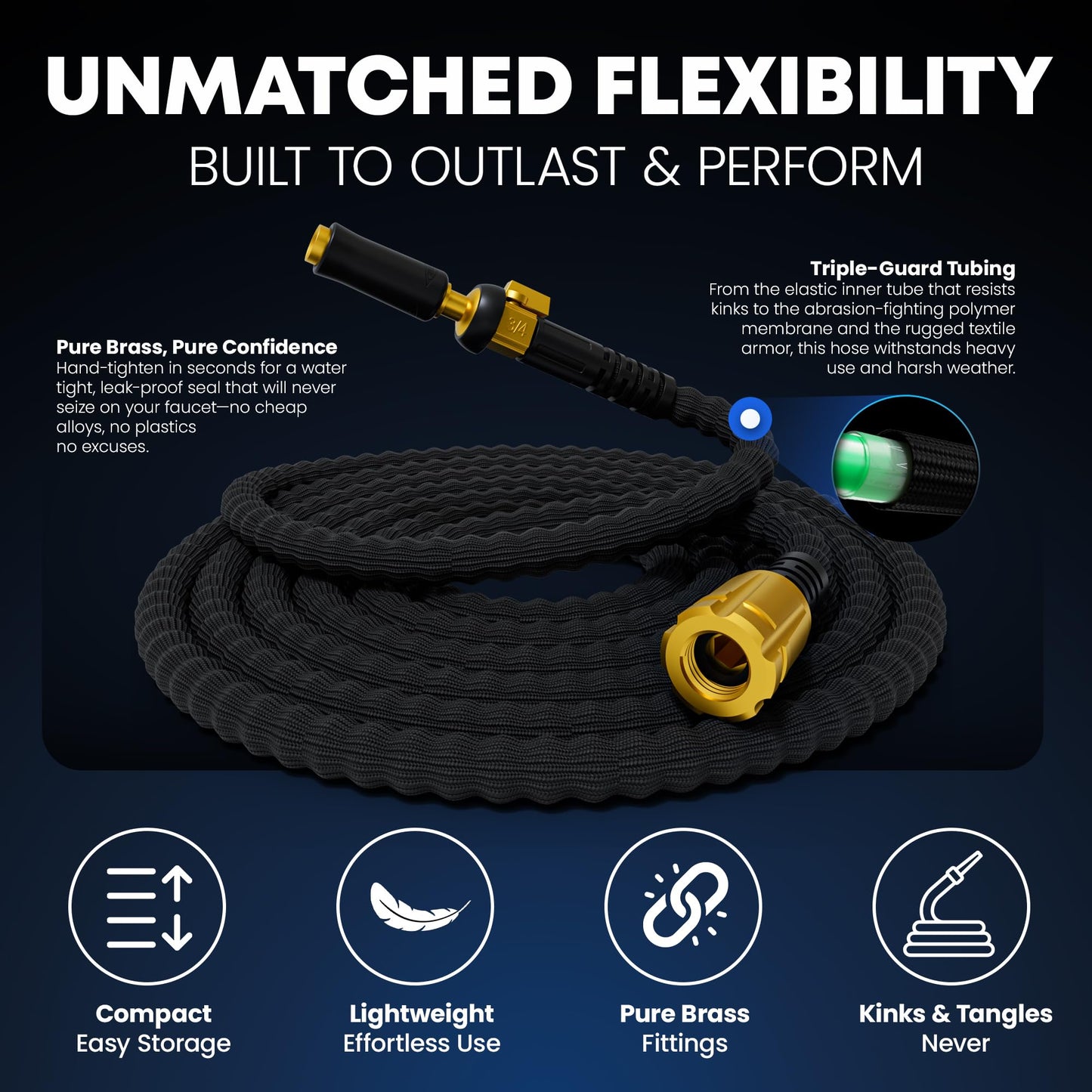 TITAN Flexible Garden Hose 100FT – Ultra Lightweight, Heavy Duty Water Hose with Brass Fittings & Jet Nozzle – Kink-Free, Non-Expanding, Durable Fabric Hose for Yard, Lawn, Car Wash, Outdoor Use