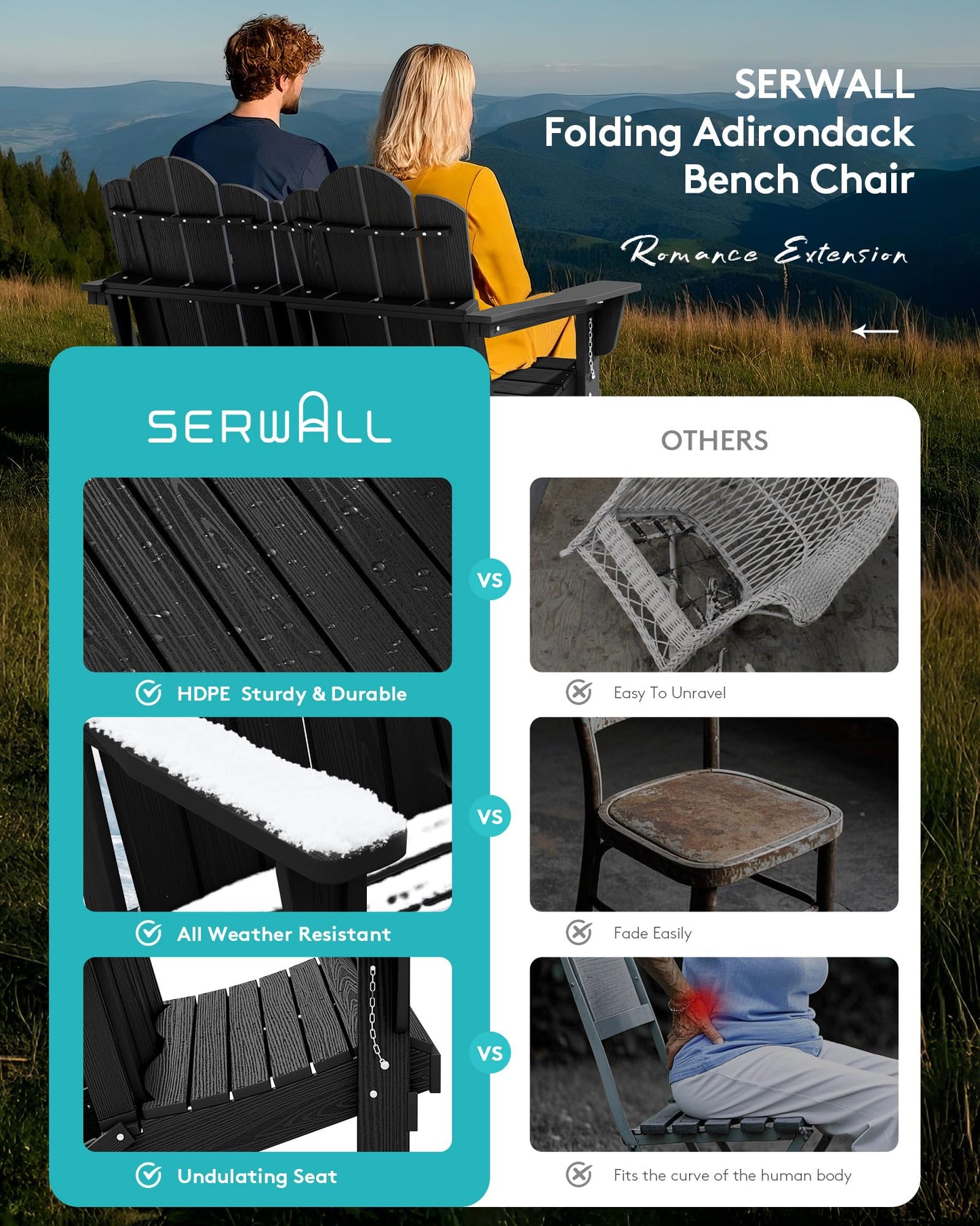 SERWALL Folding Adirondack Bench, HDPE All-Weather Adirondack Loveseat, 660 lbs Capacity, Foldable Outdoor Patio Bench for Deck, Lawn, Garden, Black