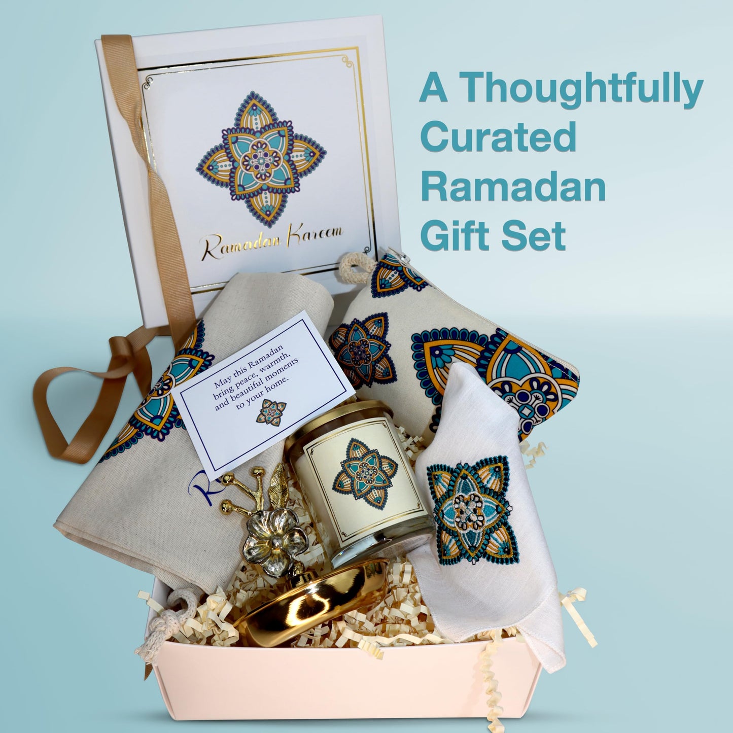CharmLab Candle – Ramadan Kareem Gift Set, 5 Piece Islamic Home Box with 4.8 oz Scented Candle, Women’s Fabric Wallet Pouch & Decorative Dish, Ramadan & Eid Gift for Women