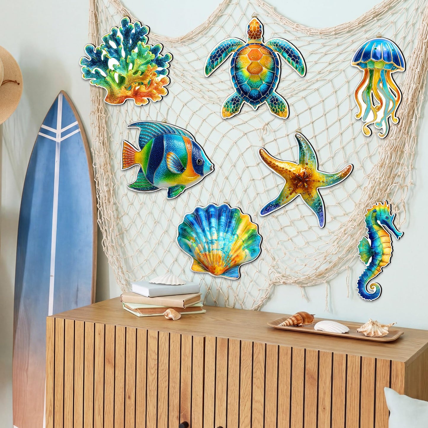 AceOrbit 8 Pcs Large Wooden Coastal Ocean Wall Art Rustic Ocean Theme Wall Decor Wooden Fish Turtle Crab Seahorse Starfish Jellyfish Seashells Coral Decoration with Hooks for Sea Beach Nautical Party