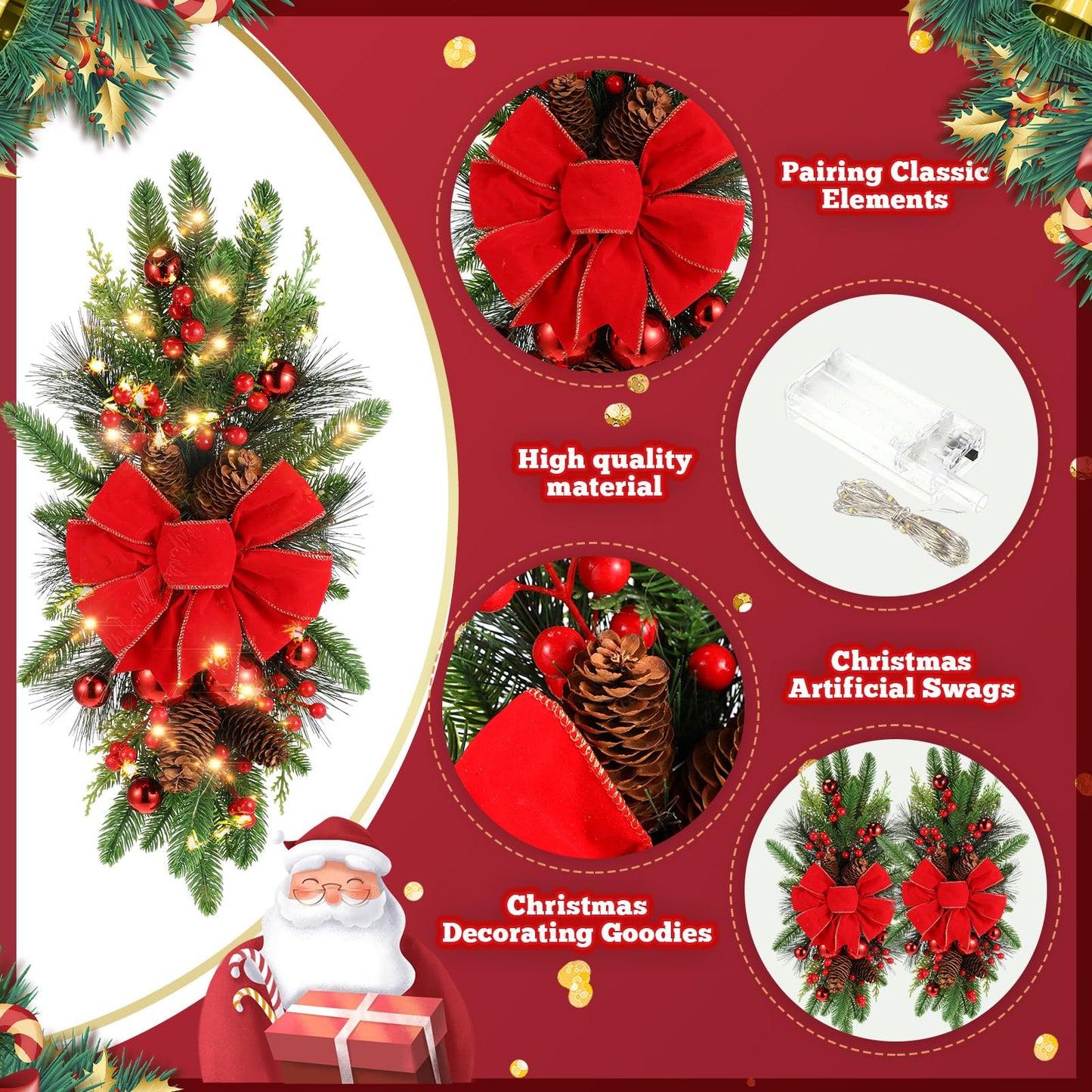 Lyrow 2 Pack Christmas Artificial Swags 24" Xmas The Cordless Prelit Stairway Swag Teardrop Trim Wreath Door Stair Garland Christmas Wreath for Outdoor Home Garden Decor (Red Ribbon)