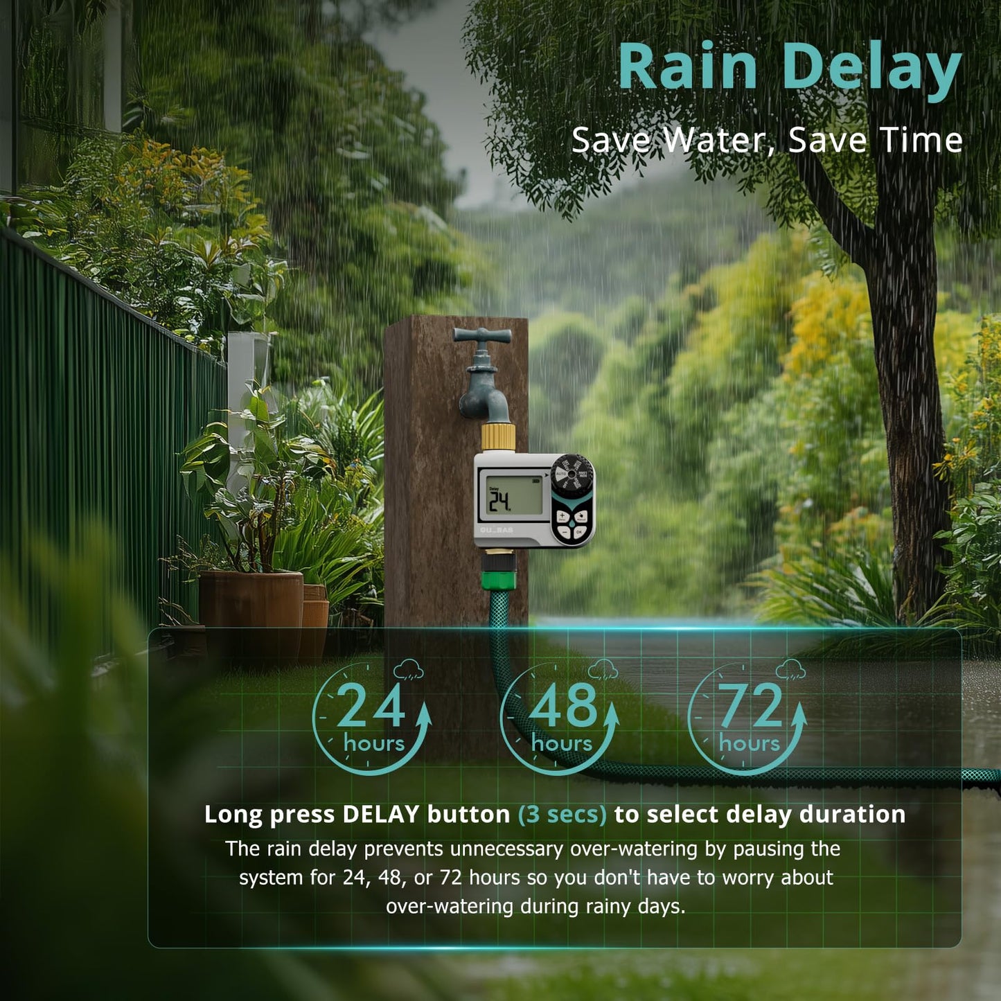 QUOBAS Zero Pressure Water Timer, Programmable Sprinkler Timer for Garden Hose Faucet with Brass Ports, Rain Delay/Manual/Automatic Irrigation System, Low Pressure Watering Compatible Rain Barrel