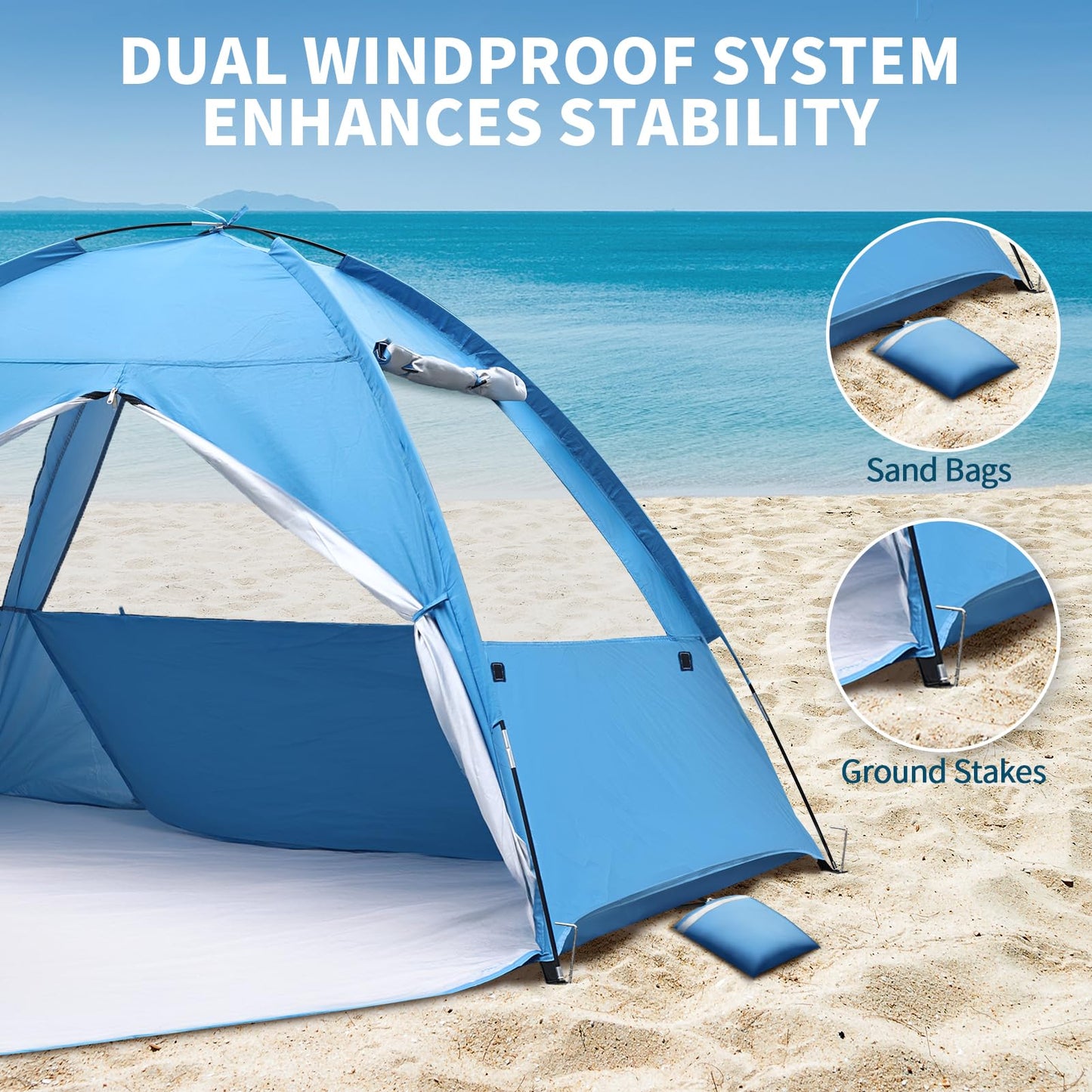 COVACURE 2026 New Upgraded Beach Tent Sun Shelter for 3-4 Person - UPF 50+ UV Protection Beach Shade, Waterproof & Lightweight, Easy Setup Portable Sun Canopy for Camping, Fishing, Beach(Blue)