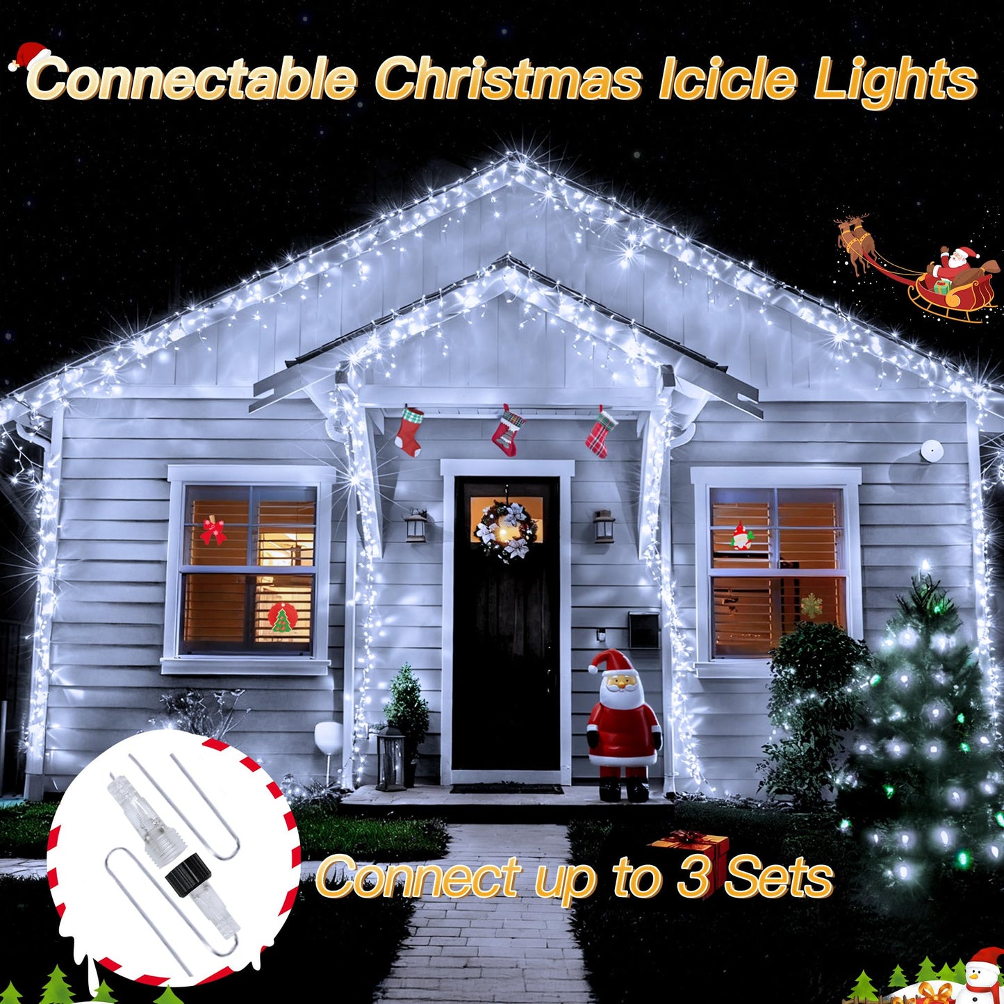 Icicle Lights for Outside, 216LED 24FT Waterproof Christmas Light Outdoor with 8 Modes & Timer, Connectable Christmas Icicle Lights for Eaves House Yard Indoor Outdoor Holiday Decoration(Cool White)