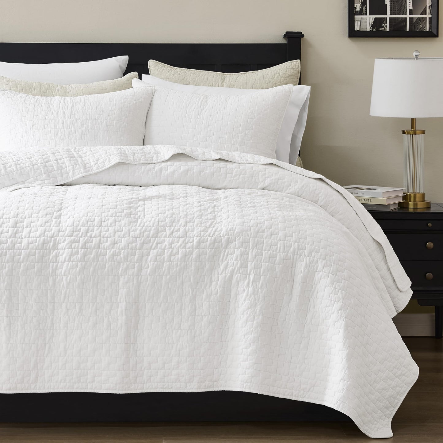 palassio White 100% Cotton Quilt Queen Size Bedding Sets with 2 Pillow Shams, Textured Lightweight Soft Bedspread Shabby Chic Coverlet, Quilted Comforter Bed Cover for All Season, 3 Pieces