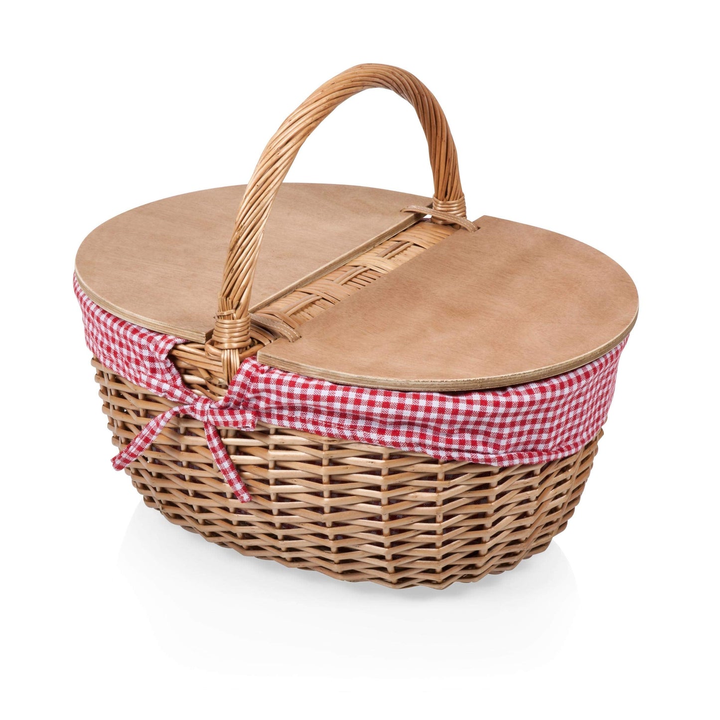 PICNIC TIME Country Picnic Basket, Sturdy Woven Wicker Basket with Customizable Split-lid Design and Removable and Washable Polycotton Vintage-Style Liner, (Red & White Gingham Pattern)