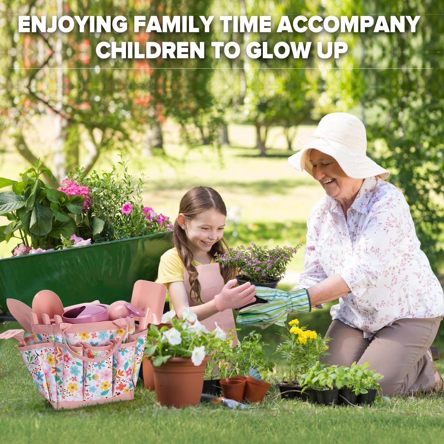 Qtioucp Kids Gardening Set 14Pcs Garden Tools with Tote Bag,Watering Can, Shovel, Apron, Garden Book and More Educational STEM Learning Outdoor for Toddlers Boys Girls (Floral)
