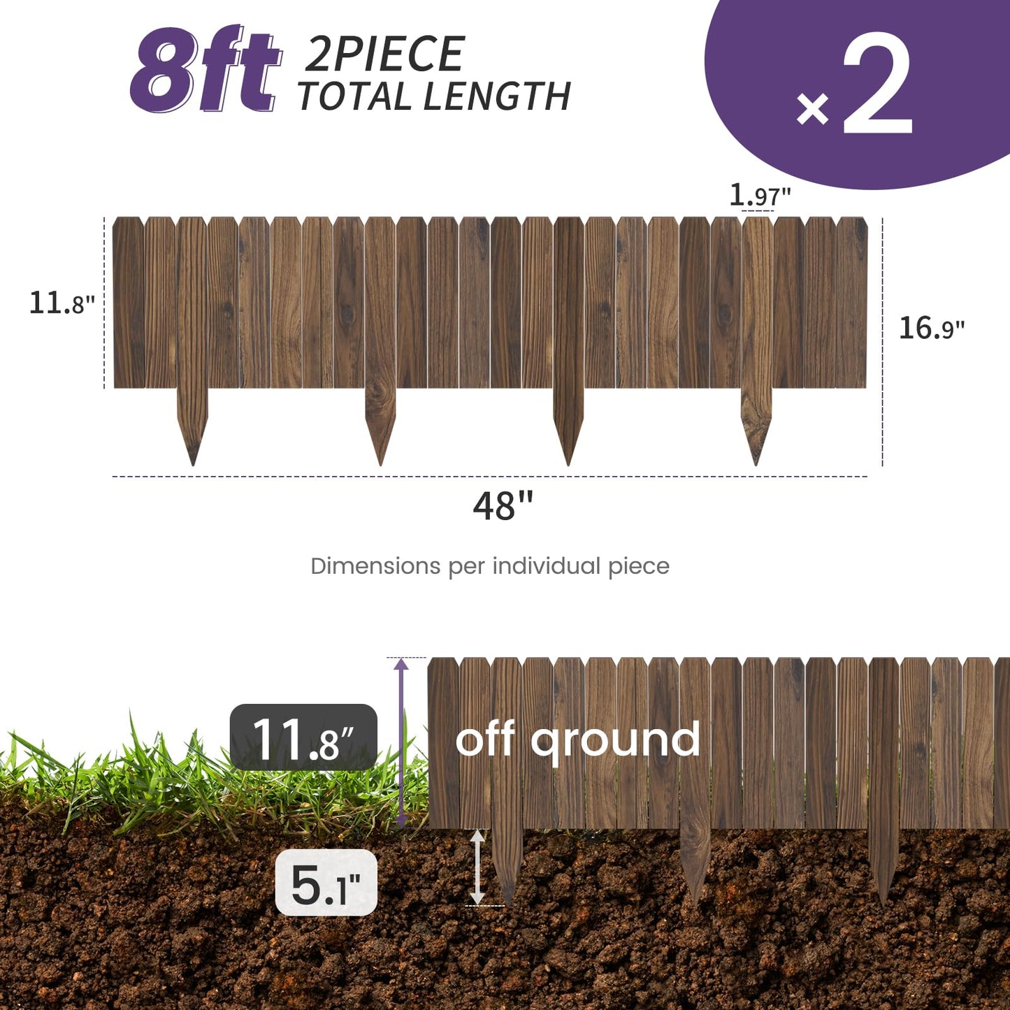 Wieghda Garden Wooden Fence Edging, Burnt Wood Finish, Fir Wood,Outdoor Lawn Landscape Border (2, 11.8" Height)