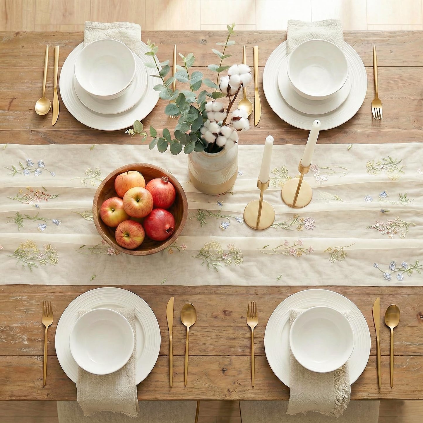 Artoid Mode Wildflower Floral Beige Apricot Gauze Embroidery Table Runner 120 Inch 10FT, Tulle Seasonal Spring Kitchen Dining Table Decor for Home Party