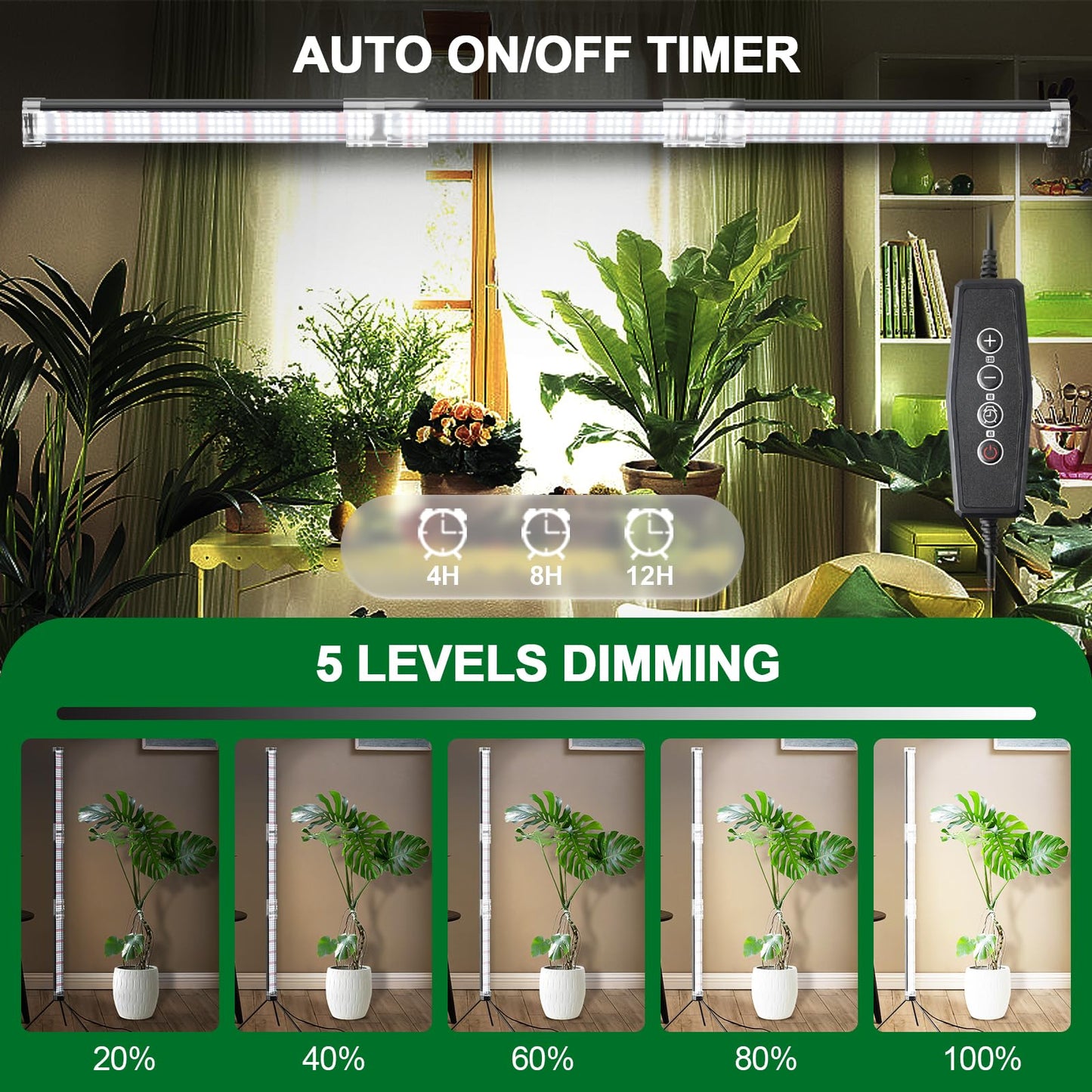 WeeLeeGoo Super-Bright 48" T10 Plant Lamp, 6000k Full Spectrum Standing Grow Light, 3 Modes & 5 Dimming Levels, Timer 4/8/12H,12V/3A High Power Output for Large & Tall Indoor Plants