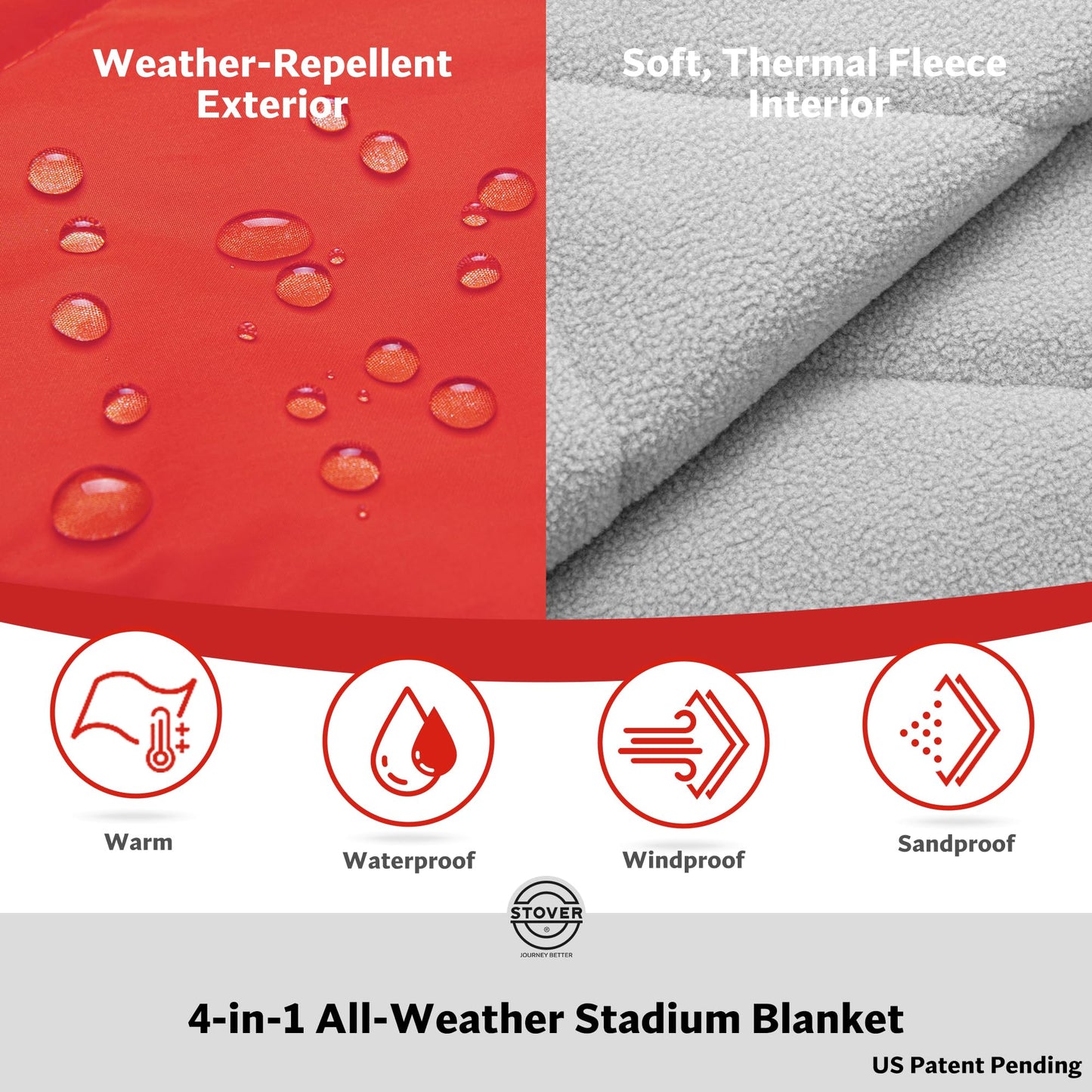 STOVER Large Waterproof Outdoor Stadium Blanket- Extra Thick Soft Fleece Camping Blanket for Travel, Picnics, Sports, Dogs 79"x55", Warm, Windproof, Sand-Proof, Lightweight, Packable (Stadium Scarlet)