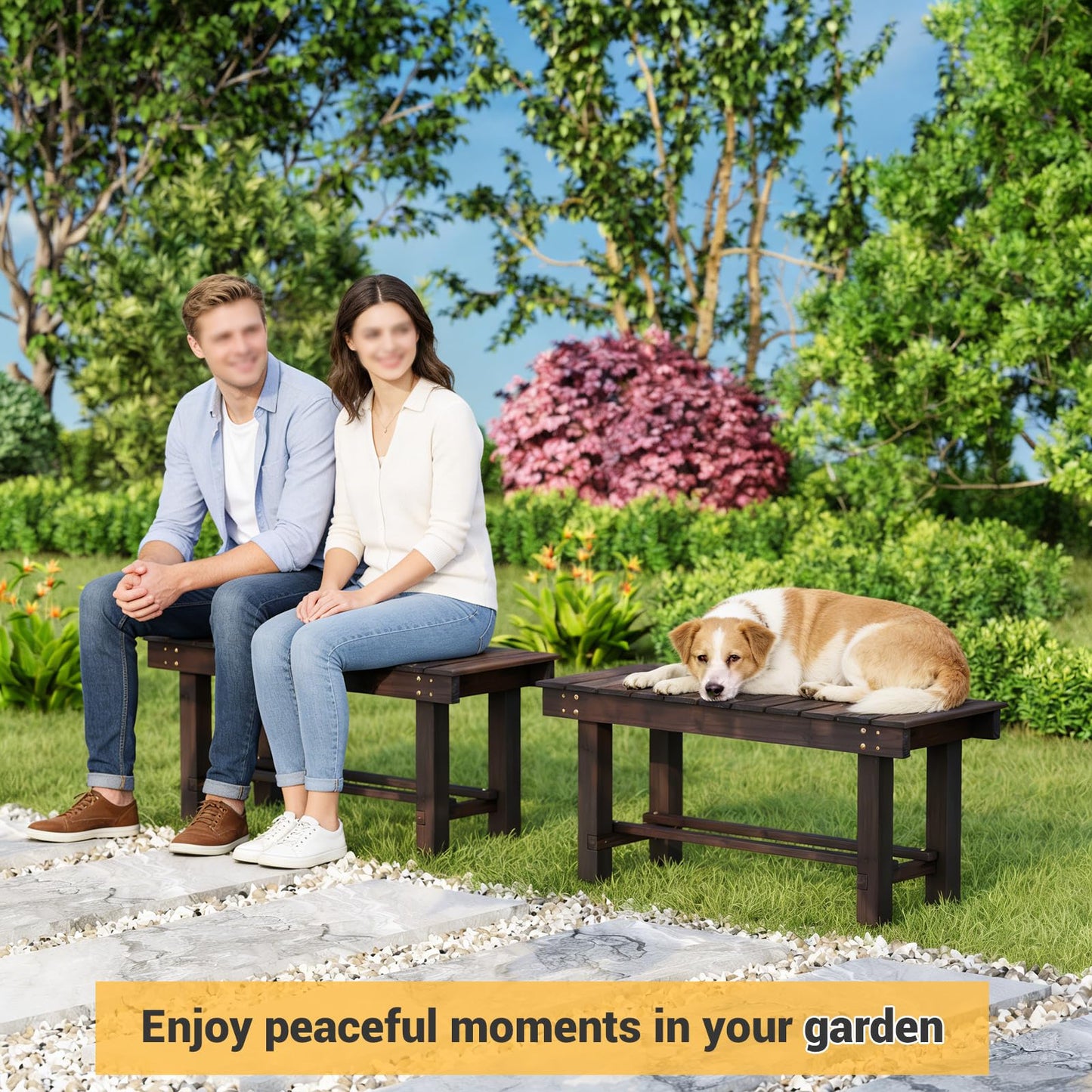 Wood Outdoor Garden Bench, 2-Person Seat 35" Backless Bench, 100% Solid Fir Carbonized Weatherproof Patio Bench,Indoor Bathroom Seat Entryway Shoe Bench for Garden Porch Backyard Pool Balcony (Small)