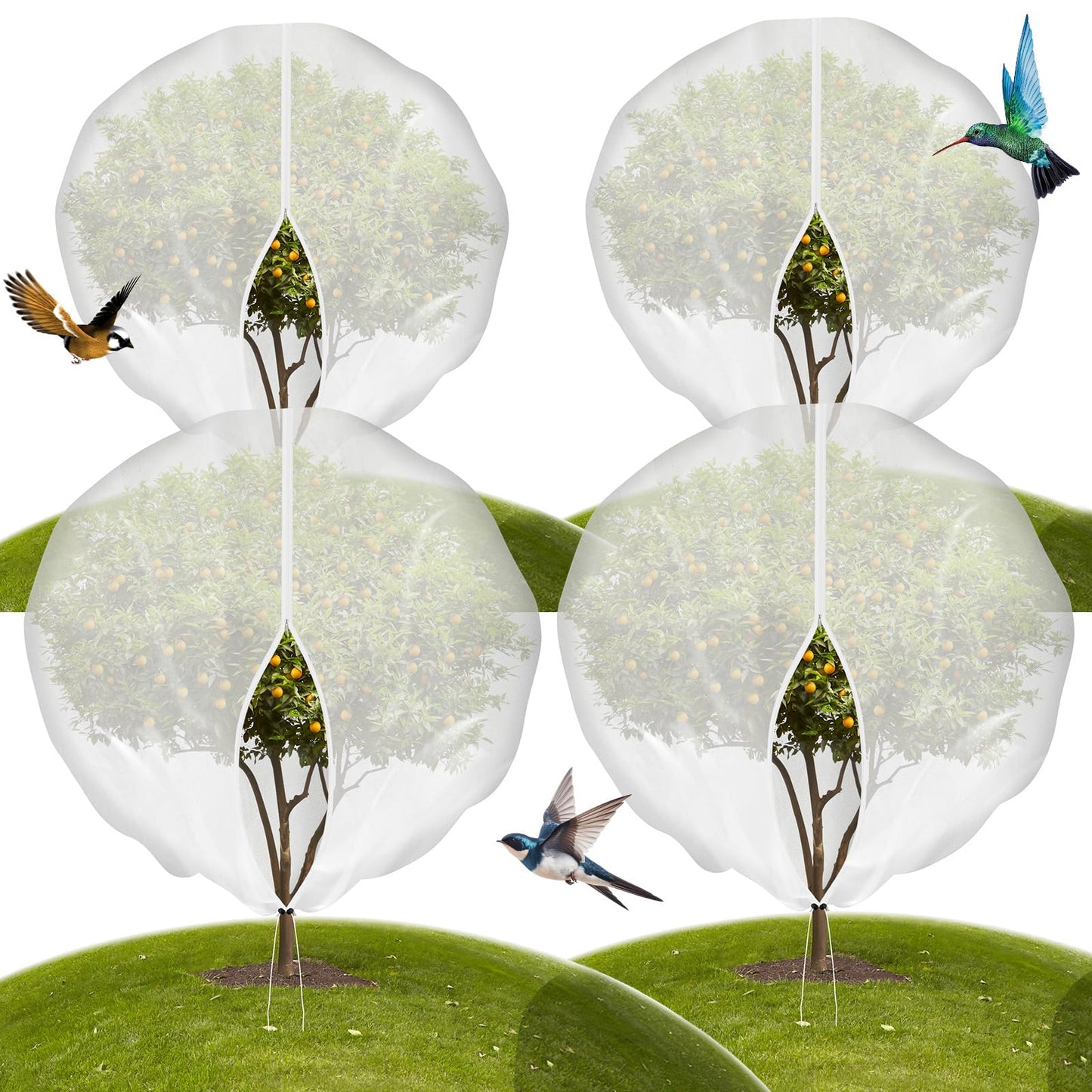 4-Pack 10 * 10FT Large Fruit Tree Netting with Drawstring and Zipper, Garden Netting for Garden Protection, Insect Bird Netting for Fruit Trees, Protection from Anti Bugs,Cicadas, Insects,Birds