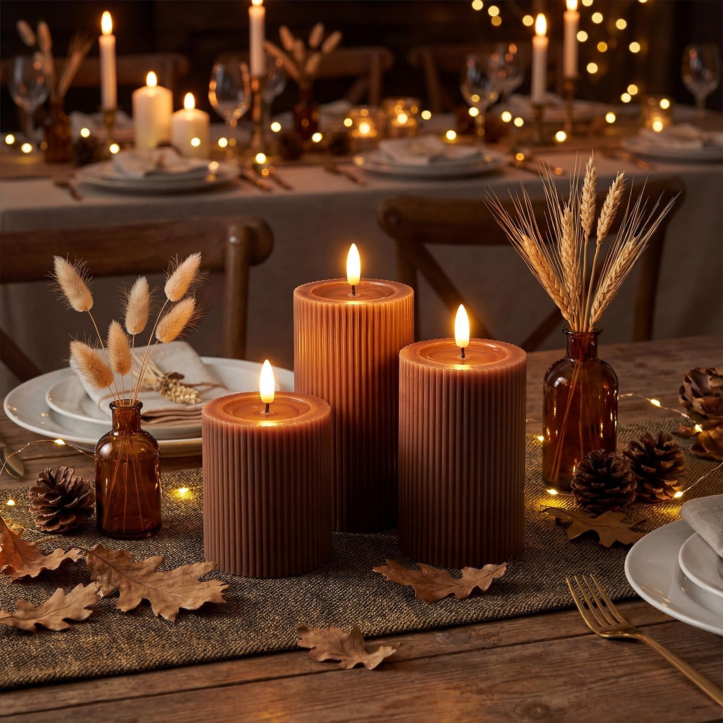 WYZworks Fluted Ribbed LED Pillar Candles, Brown, with Realistic Reflective Melted-Wax Effect – Flickering Flame, Remote, Dimmable, Flameless, Battery Operated, Home & Wedding Decor (Set of 3)