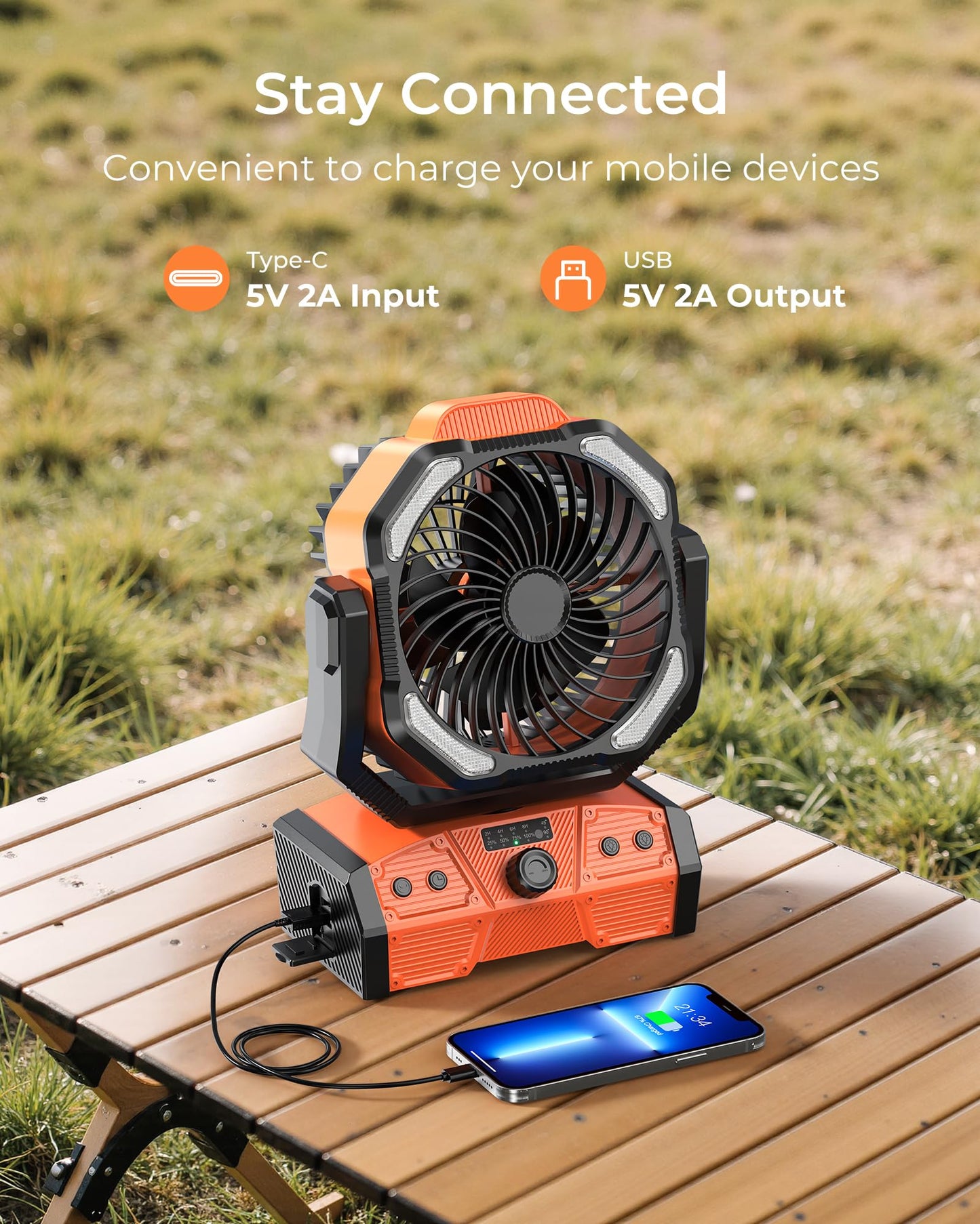 8” Portable Rechargeable Fan, Battery Operated Camping Fan with 27H Work Hours, Remote, Auto Oscillation, Timer, Hook for RV Tent Hurricane Emergency Orange
