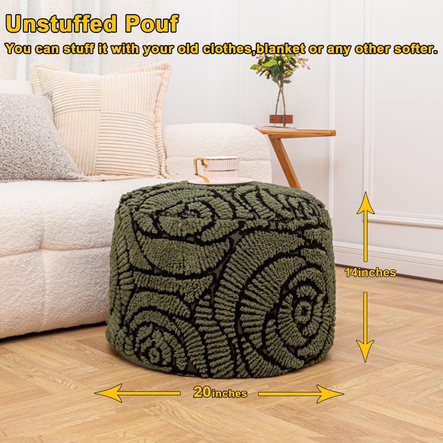 Asuprui Fluffy Flower Pouf Ottoman Cover Only – 20"x14" Round Plush Fuzzy Pouf Shell for Footrest, Stool or Floor Seat, Soft Removable Home Decor (No Insert Included) (Green)