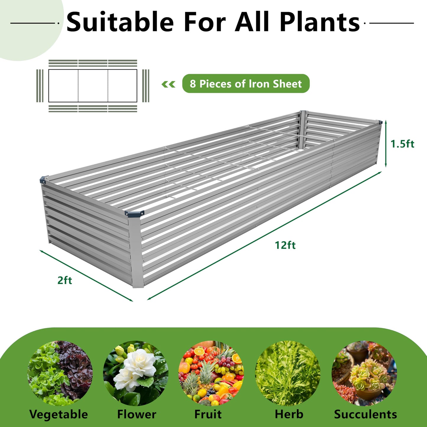 DIIYIV 12x2x1.5FT Galvanized Raised Garden Bed,Vegetable Boxes-Rectangle Metal Flower Box,Large Planter Raised Beds Outdoor Garden for Planting,Fruit,Herb-Silver