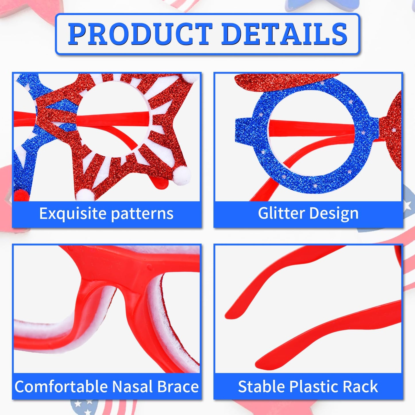 Wobeny 6 Pcs 4th of July Glasses Party Decor, Glitter Party Sunglasses Frames Novelty Costume Eyeglasses Photo Props for Adults, Independence Day Decorations Fun Holiday Party Favors, Memorial Day