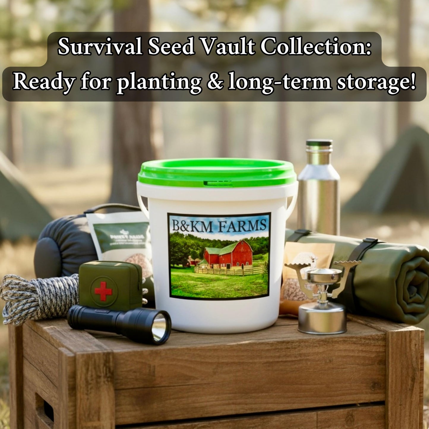 B&KM Farms 20,000+ Survival Seed Kit 5+ Year Supply. 30 Fruit & Vegetable Non-GMO Heirloom Seeds for Planting a Home Garden. Secure Emergency Weather-Proof Bucket