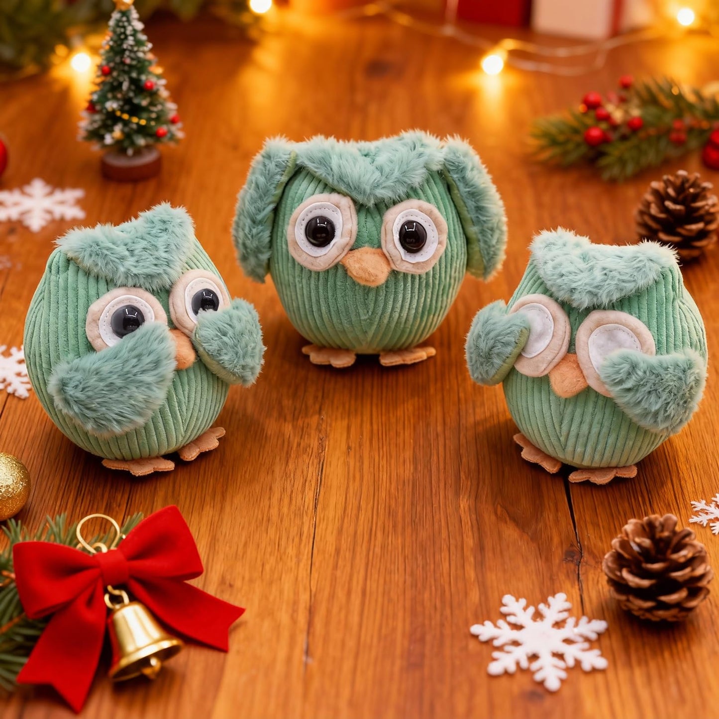 Etistta 3PCS Owl Plush for Home Decor 5 inch, See No Evil Hear No Evil Speak No Evil Owl Gifts for Women Bedroom Bird Christmas Decoration (Green)