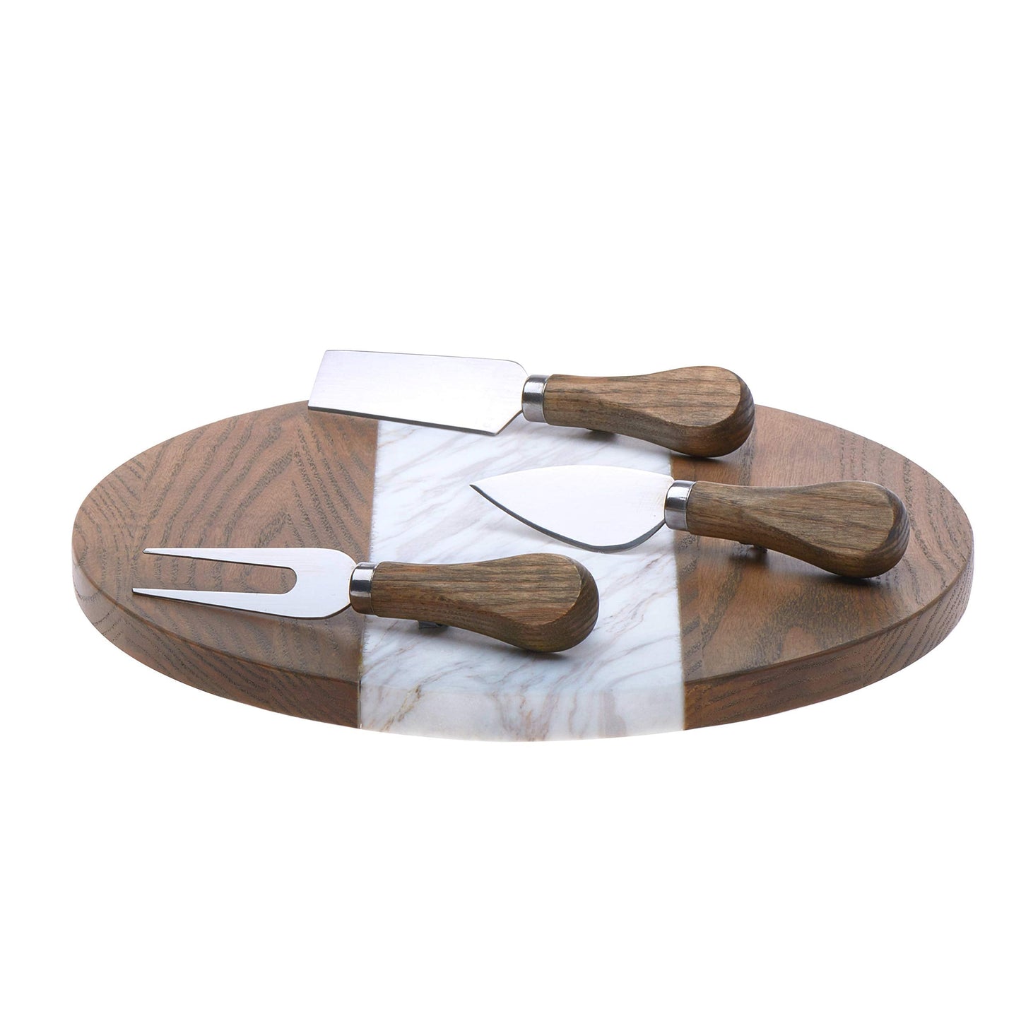 Prologue 99113 Handcrafted Marble Appetizer Board with 3 Wood-Handled Cheese Knives, Brown/White