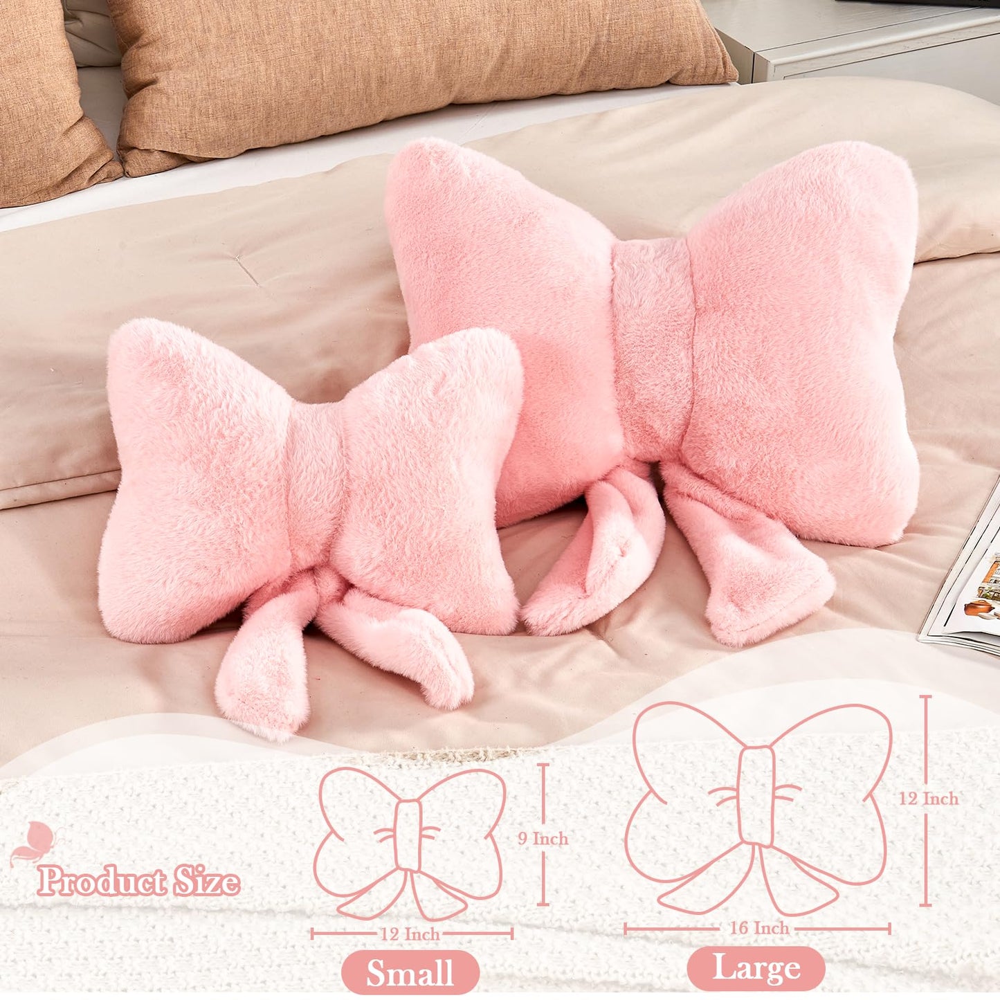 XVTRU Pink Bow Pillow, Soft Bow Decorative Pillows with Faux Rabbit Fur, Cute 12" Bow Throw Pillows, Aesthetic Home Decor Bow Shaped Plush Pillow for Bedroom Sofa Couch