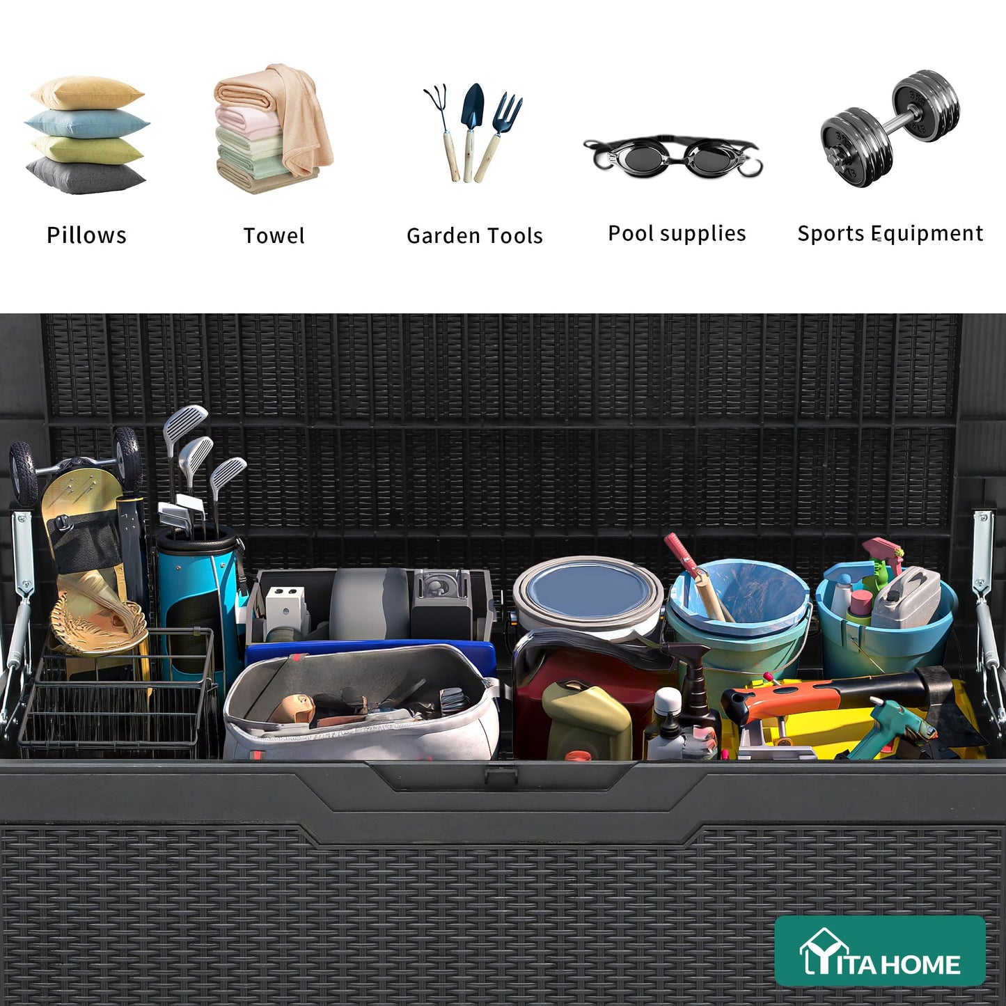 YITAHOME 100 Gallon Large Deck Box, Outdoor Resin Storage Boxes for Patio Furniture, Outdoor Cushions, Garden Tools, Water Resistant and Lockable