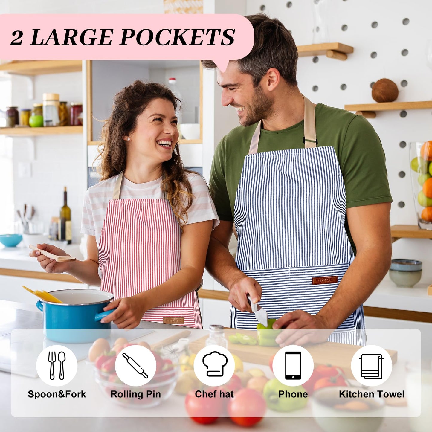 ZAIORD 2Pack Adjustable Kitchen Apron for Women Men with 2 Pockets，Cotton-Polyester Blend Bib Aprons for Cooking,Baking