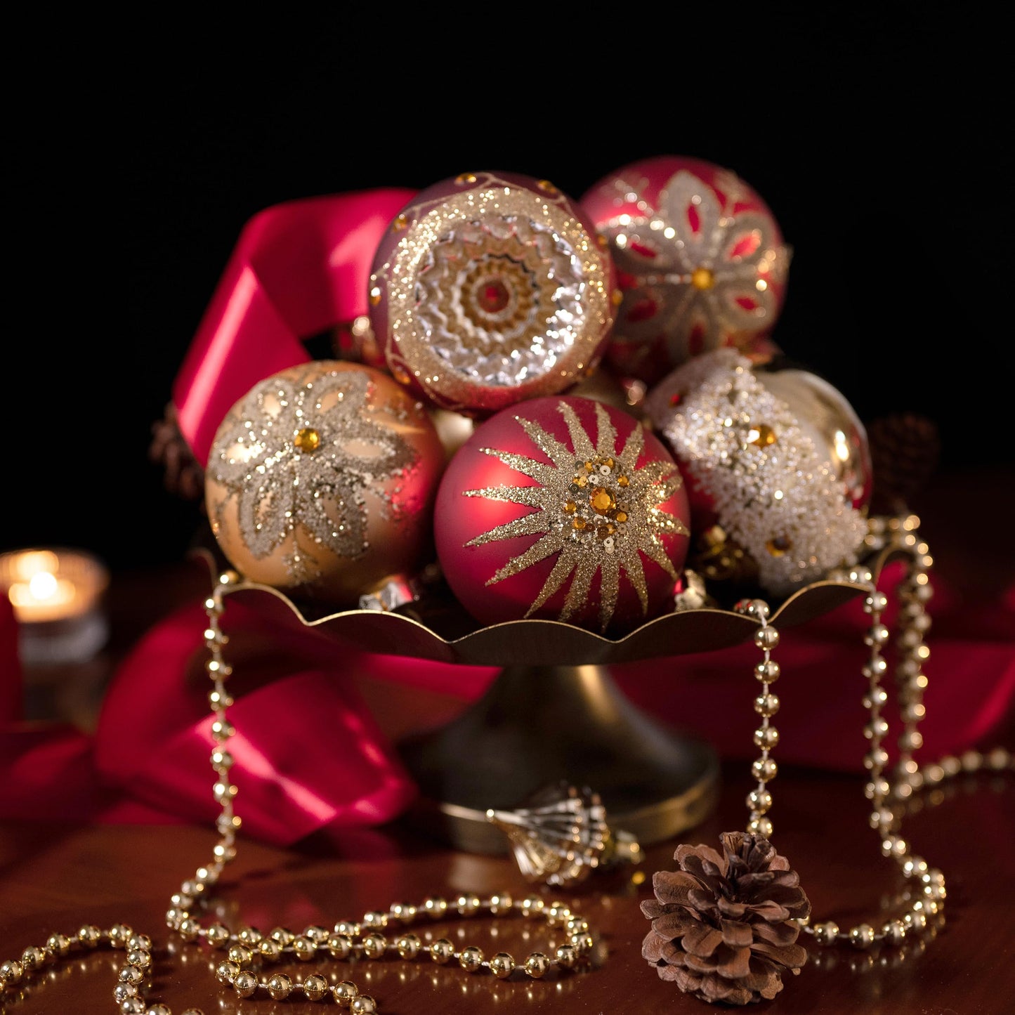 Valery Madelyn Glass Christmas Ornaments Set, 10ct Red Gold Mercury Blown Large Glass Christmas Tree Ball Decorations, Luxury Hanging Teardrop Finial Faceted Reflector Decor